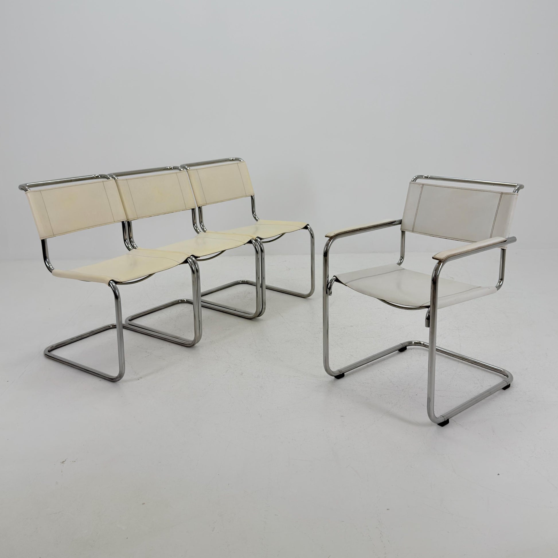 Set of 4 Vintage Thonet S33 & S34 Bauhaus Cantilever Chairs – White Leather – Germany, 1980s