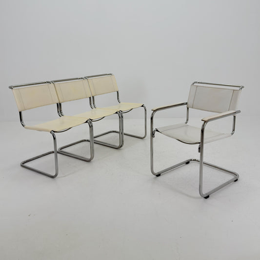 Set of 4 Vintage Thonet S33 & S34 Bauhaus Cantilever Chairs – White Leather – Germany, 1980s