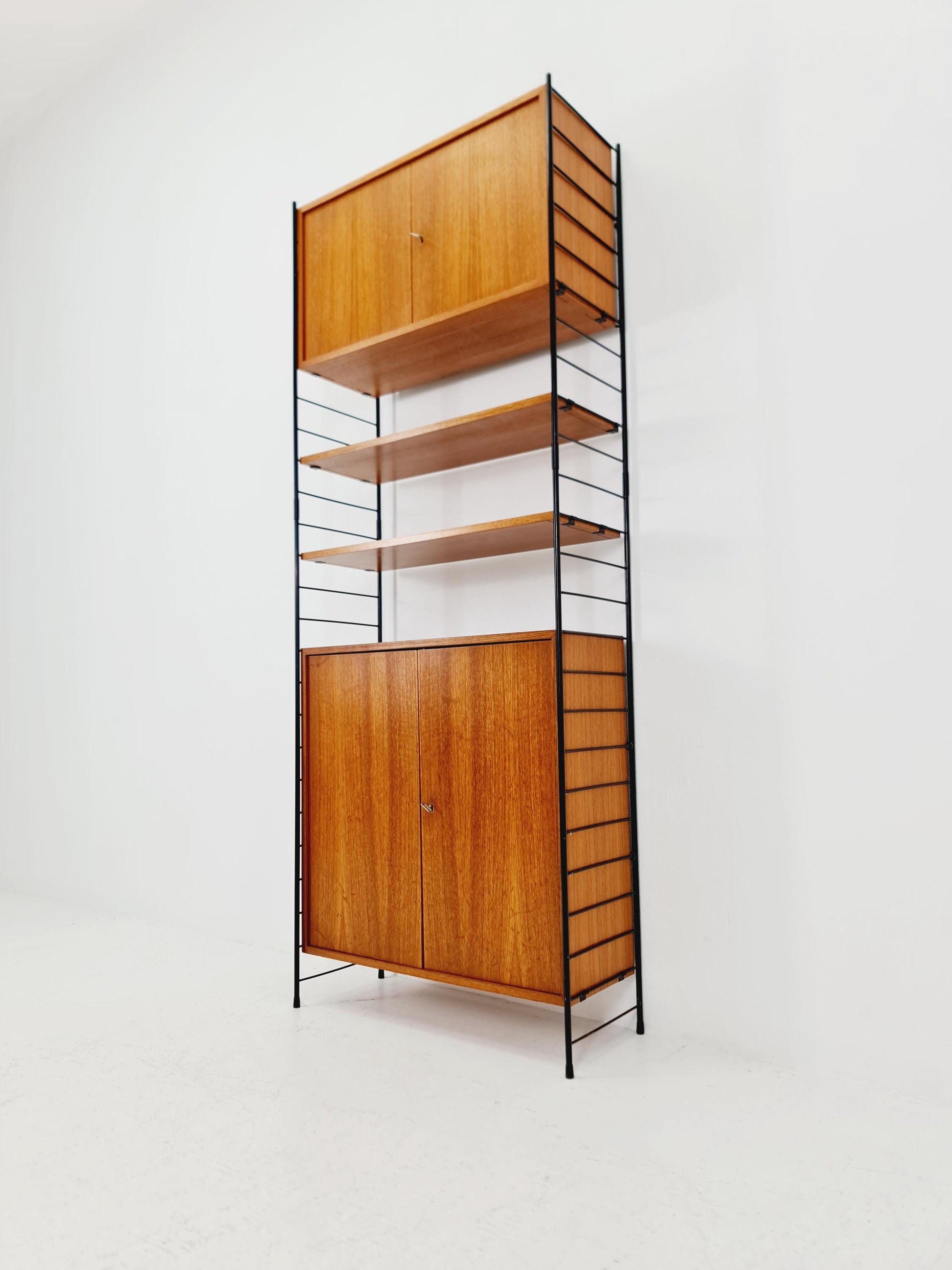 Free standing String shelf-system, bookcase with cabinet teak by WHB Germany, 1950s