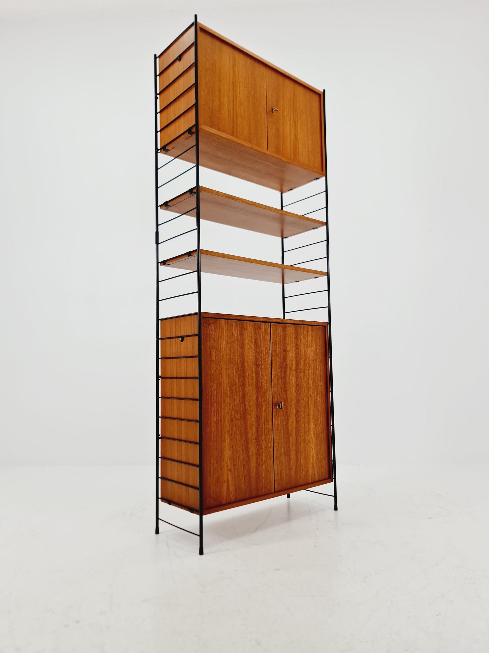 Free standing String shelf-system, bookcase with cabinet teak by WHB Germany, 1950s
