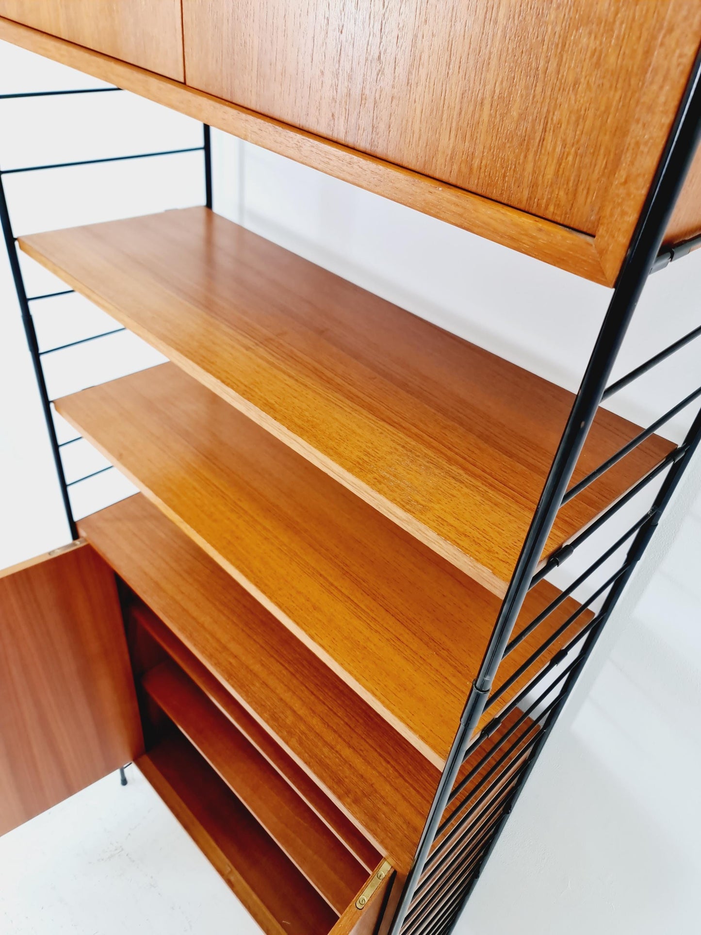 Free standing String shelf-system, bookcase with cabinet teak by WHB Germany, 1950s