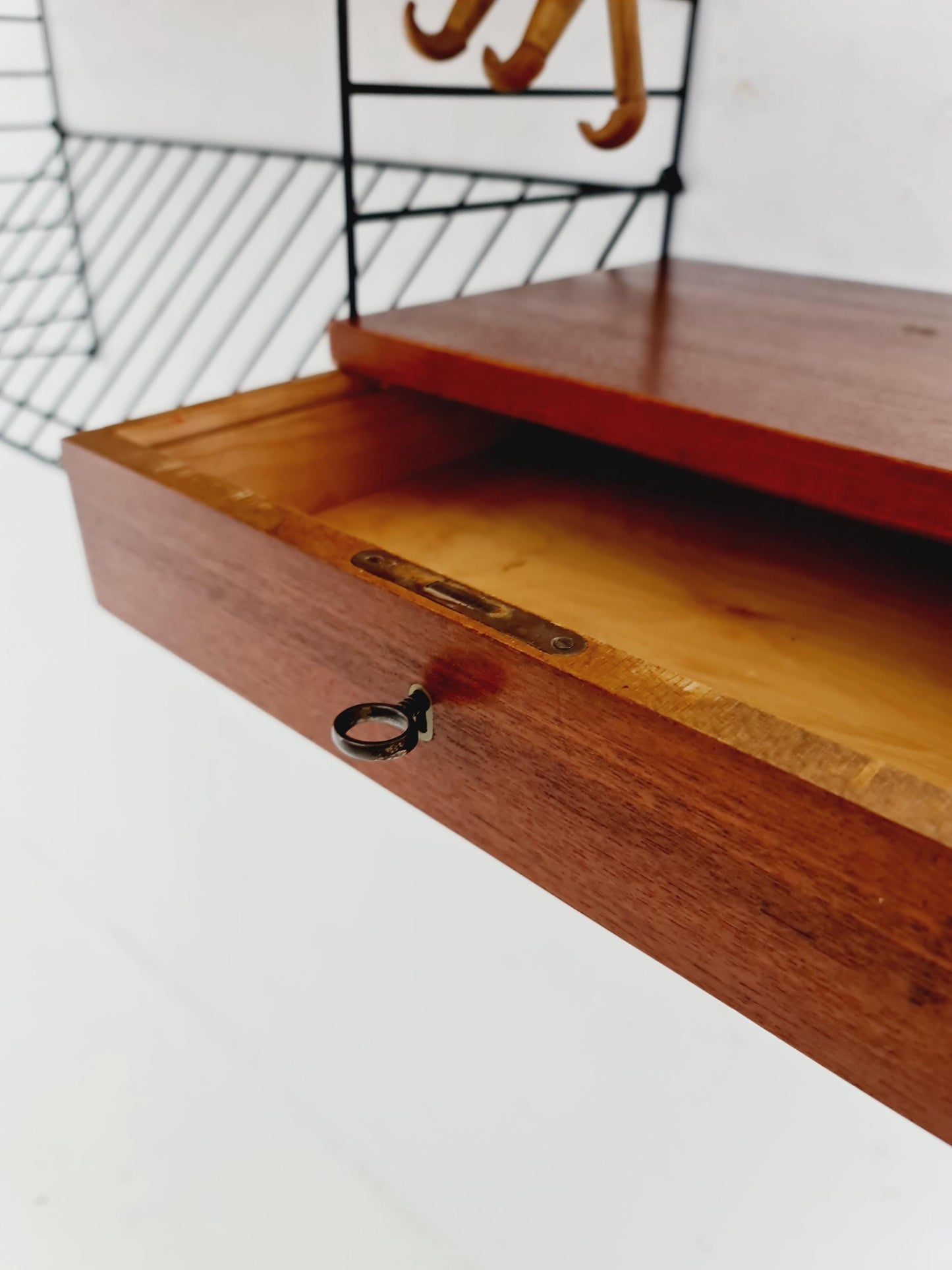 Original MCM Teak shelving system - consists of black lacquered metal ladders, from string Stockholm 1960s