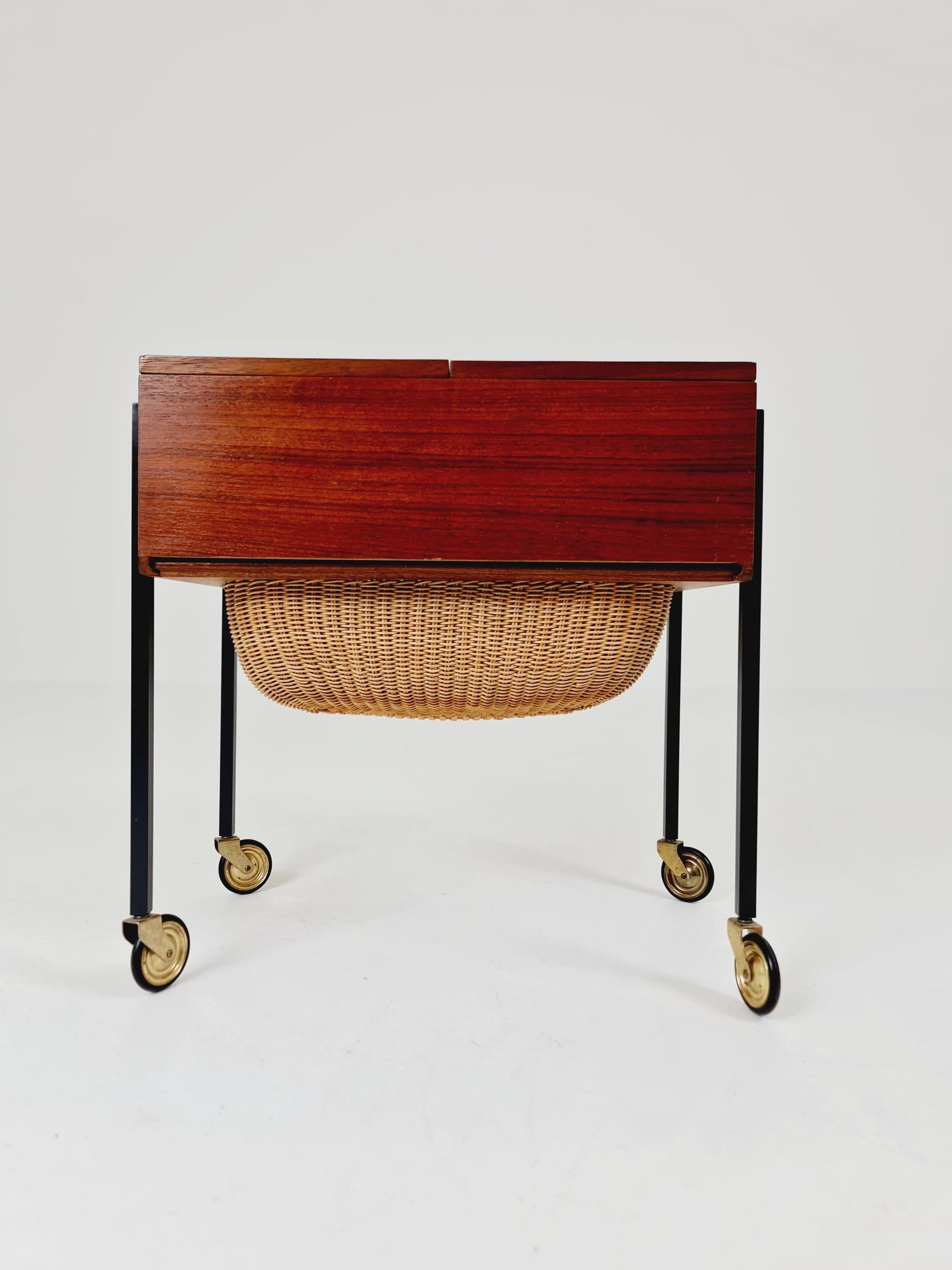 Vintage Danish teak and rattan sewing table/ side table cabinet, 1960s