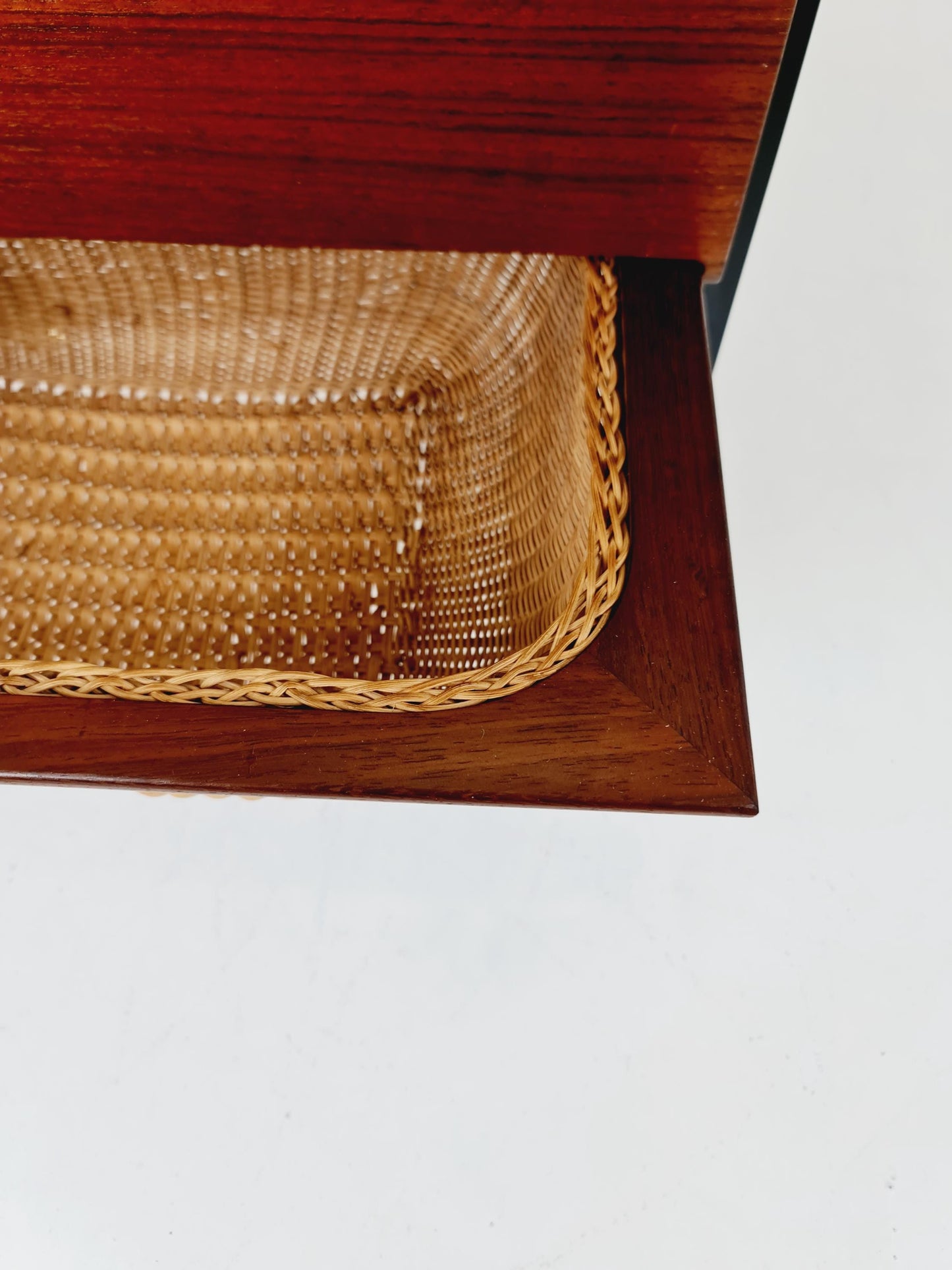 Vintage Danish teak and rattan sewing table/ side table cabinet, 1960s