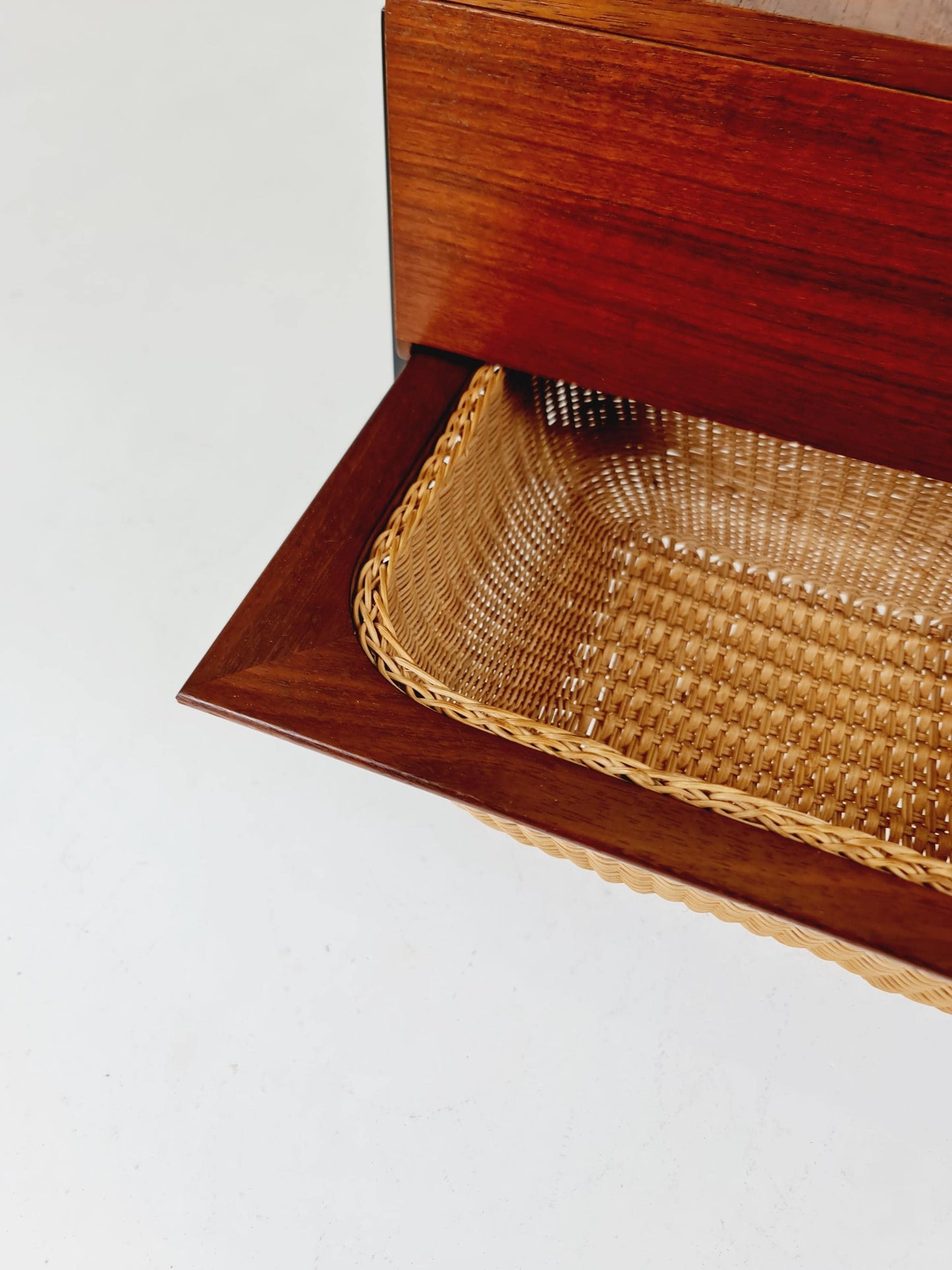 Vintage Danish teak and rattan sewing table/ side table cabinet, 1960s