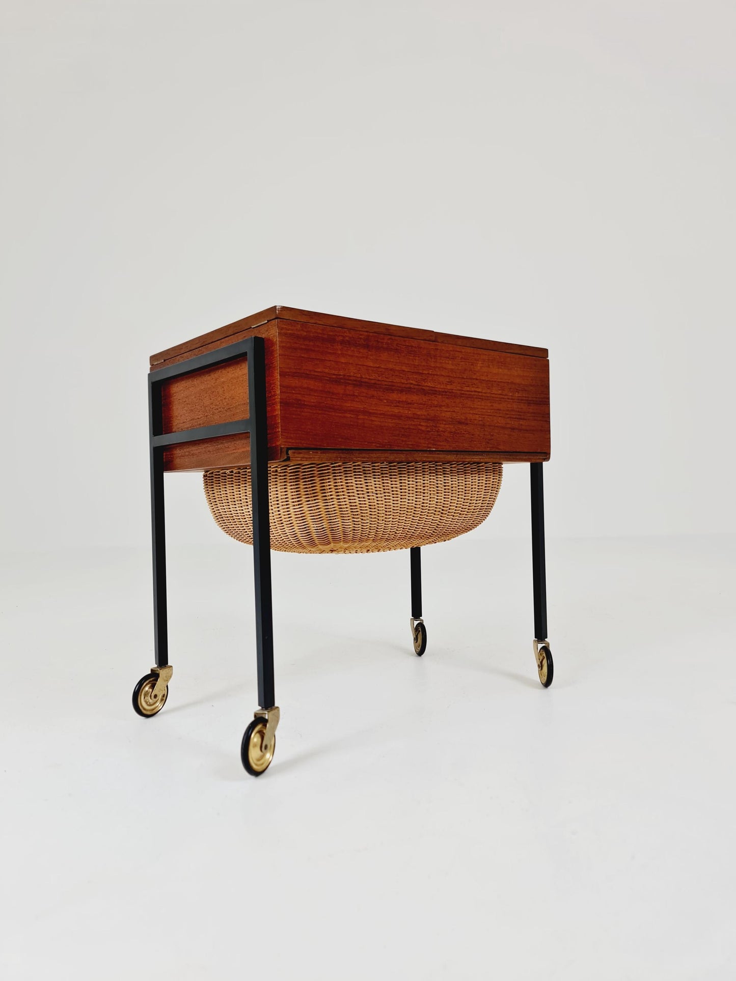 Vintage Danish teak and rattan sewing table/ side table cabinet, 1960s
