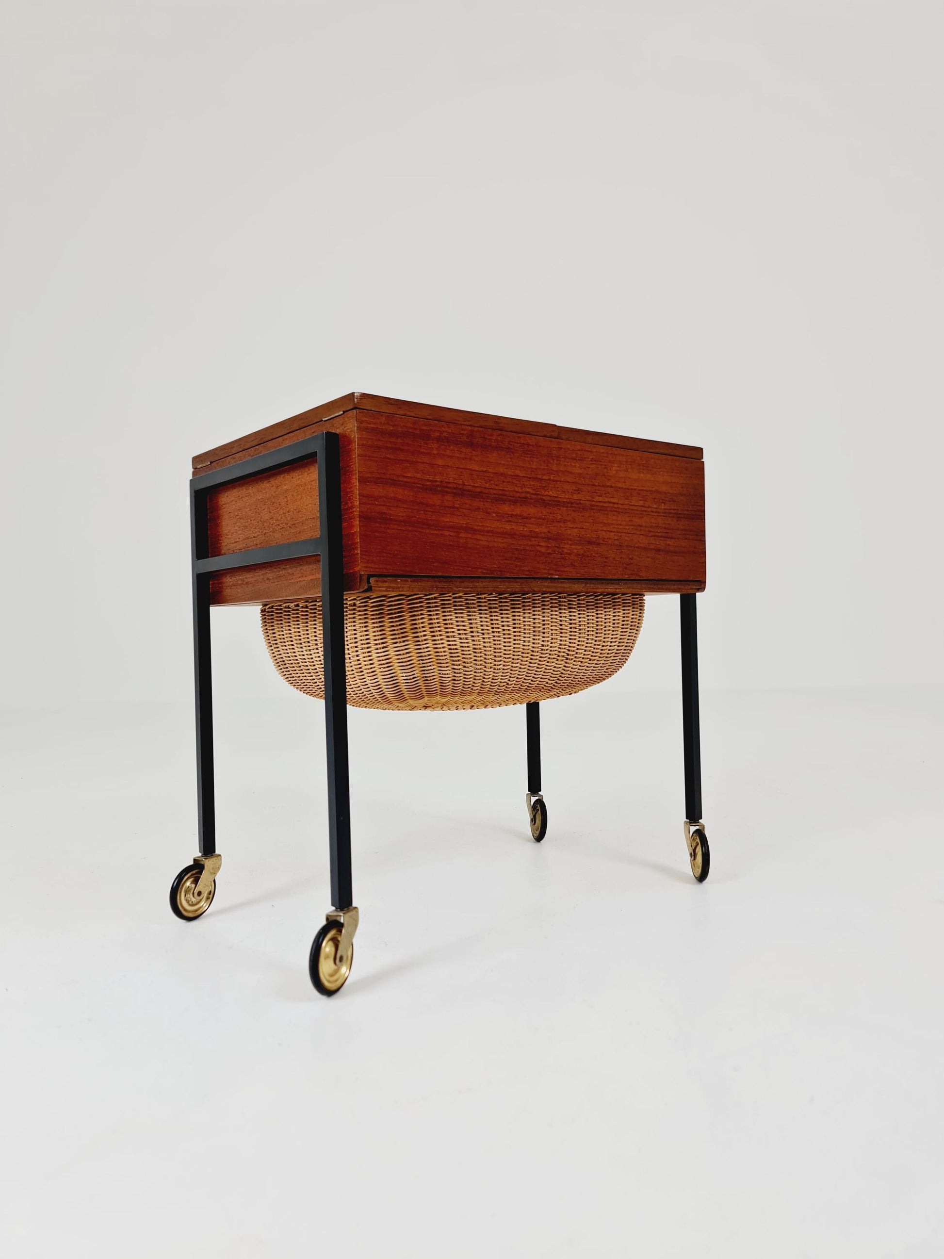 Vintage Danish teak and rattan sewing table/ side table cabinet, 1960s