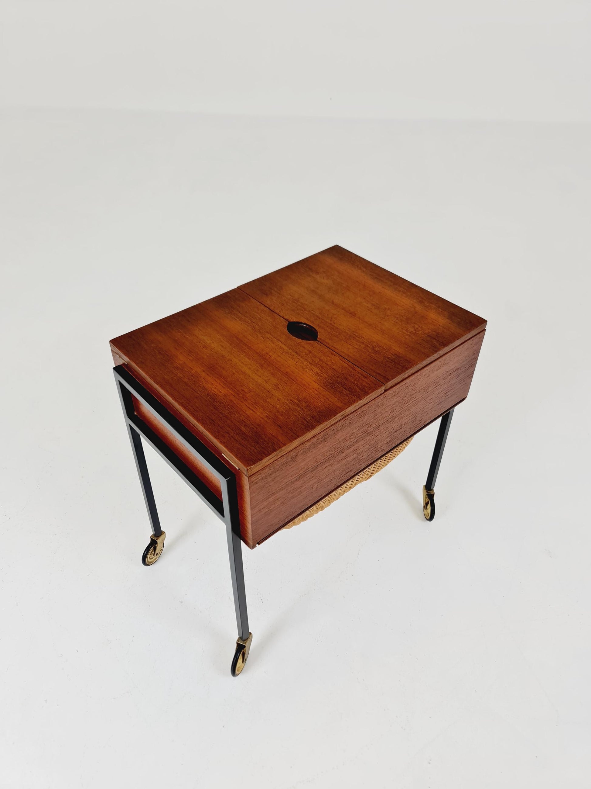 Vintage Danish teak and rattan sewing table/ side table cabinet, 1960s