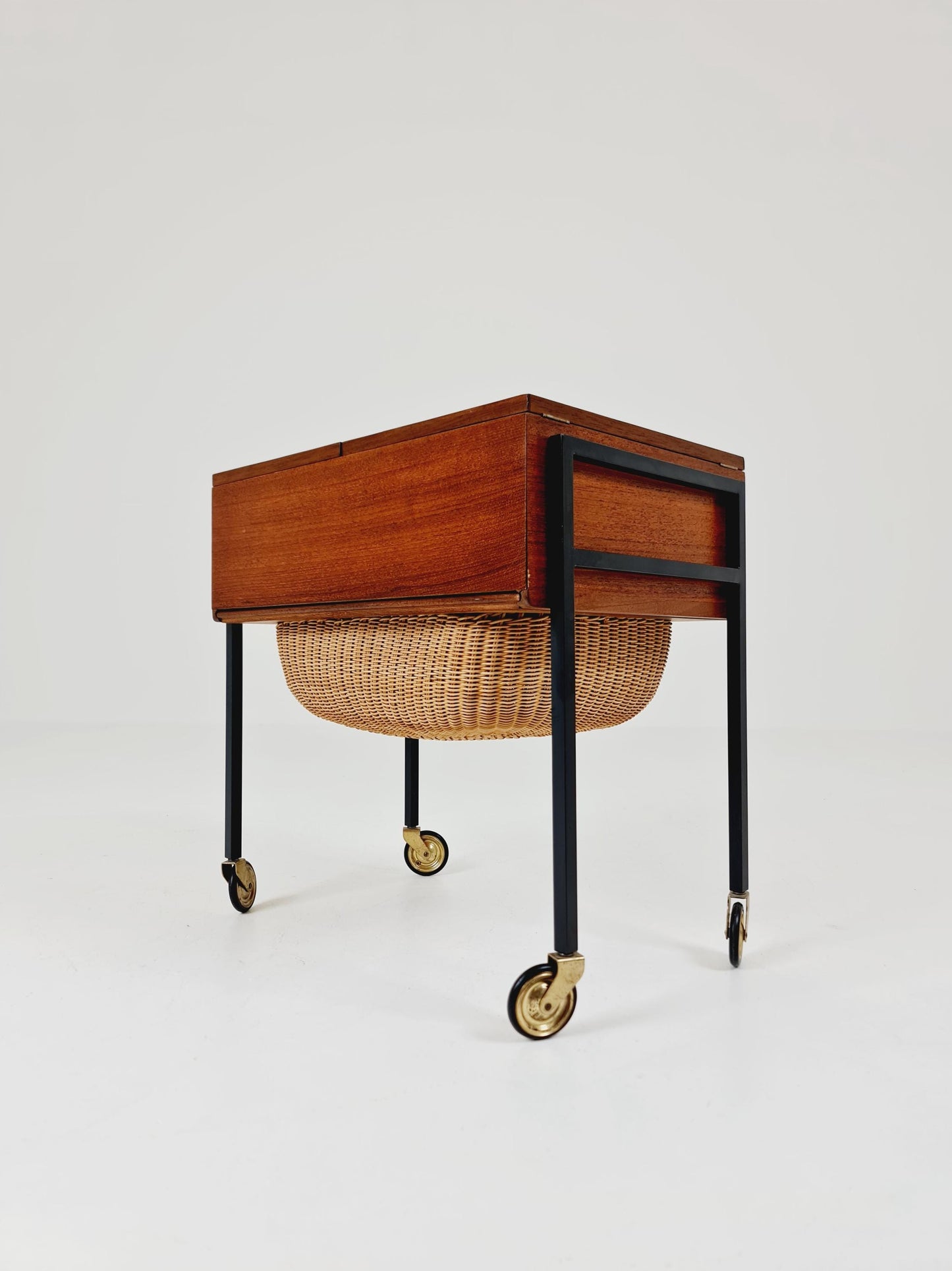 Vintage Danish teak and rattan sewing table/ side table cabinet, 1960s