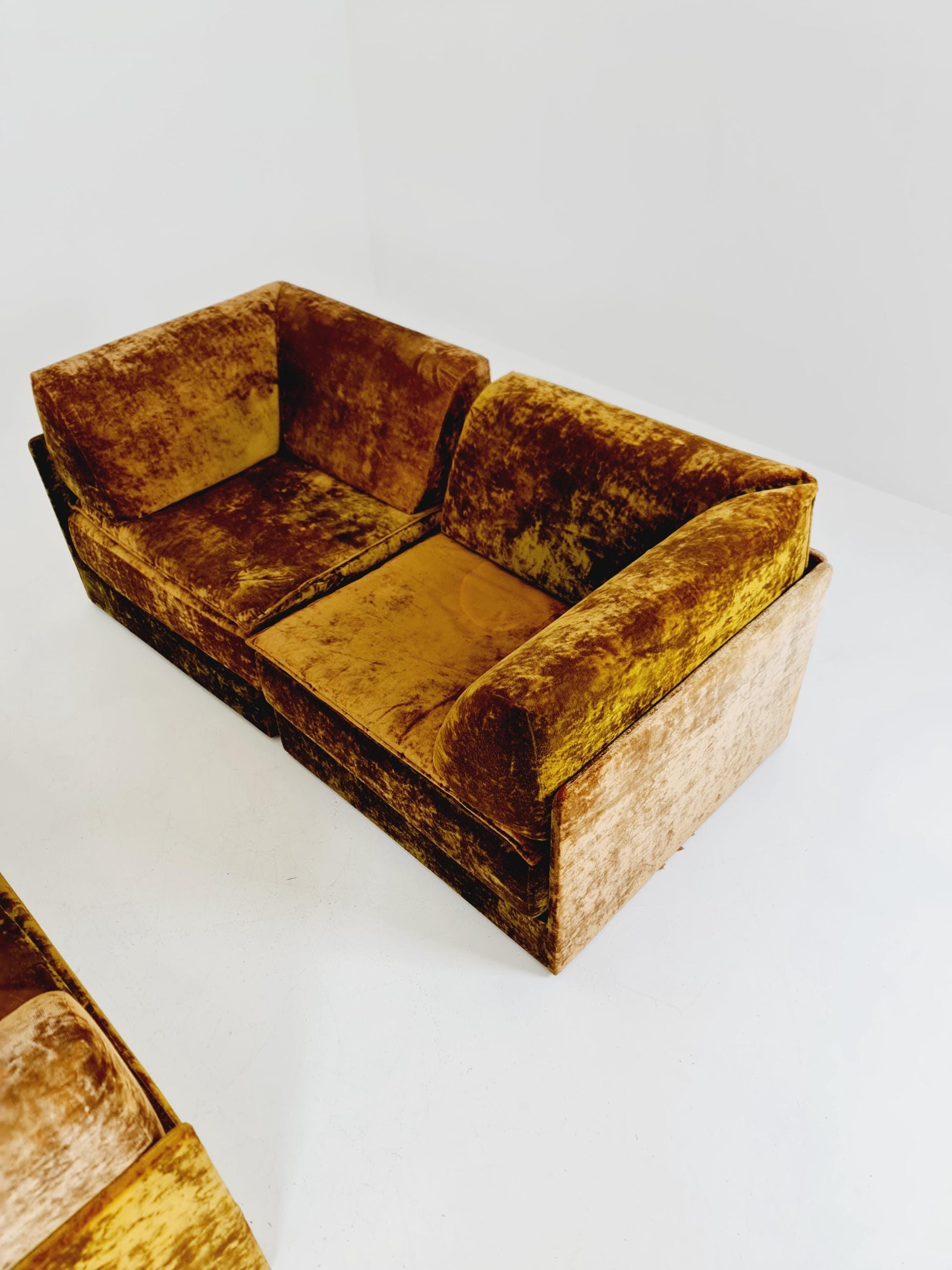 Vintage Space Age Modular Velvet Sofa Set Mustard & Olive Green 4-Piece