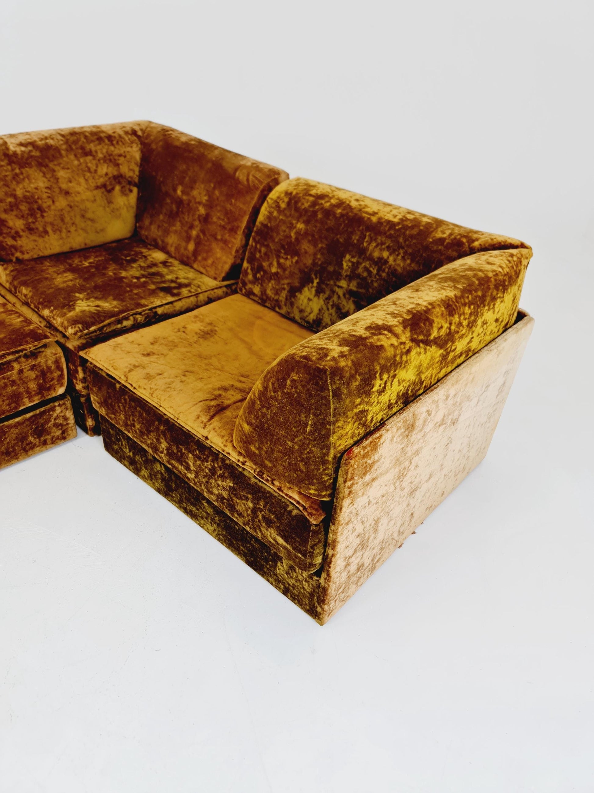Vintage Space Age Modular Velvet Sofa Set Mustard & Olive Green 4-Piece
