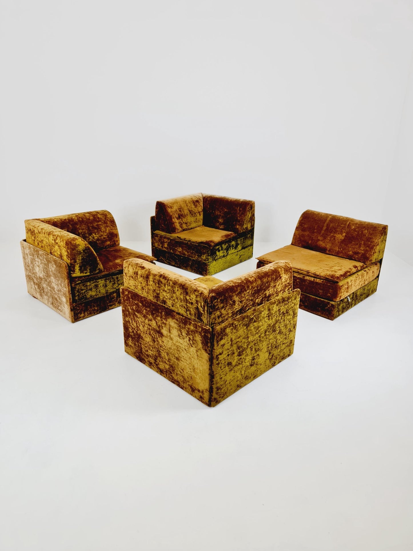 Vintage Space Age Modular Velvet Sofa Set Mustard & Olive Green 4-Piece
