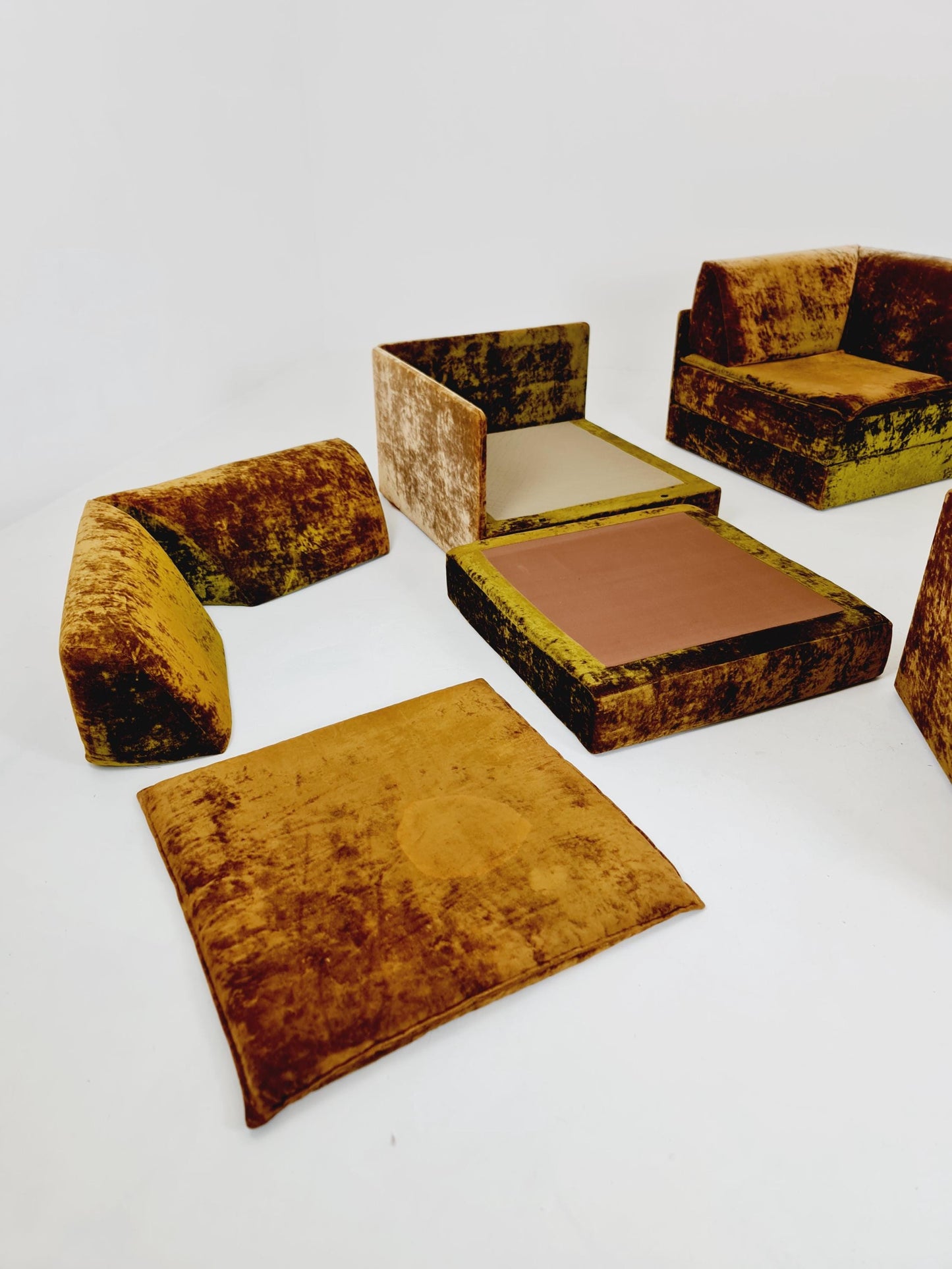 Vintage Space Age Modular Velvet Sofa Set Mustard & Olive Green 4-Piece