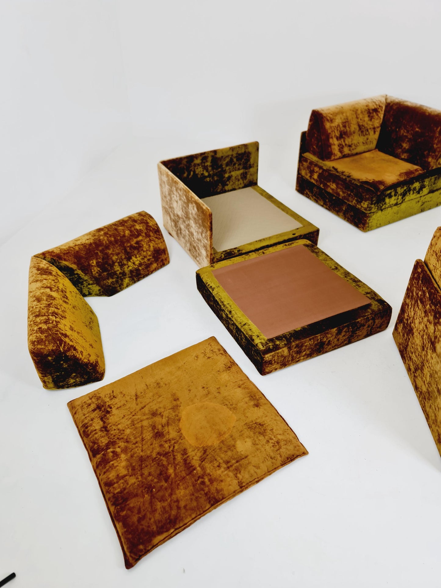 Vintage Space Age Modular Velvet Sofa Set Mustard & Olive Green 4-Piece