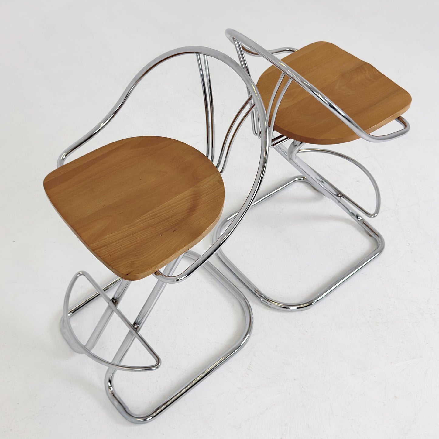 Set of 2 Vintage Italian Effezeta Bar Stools – 1980s Postmodern Chrome & Wooden Stools