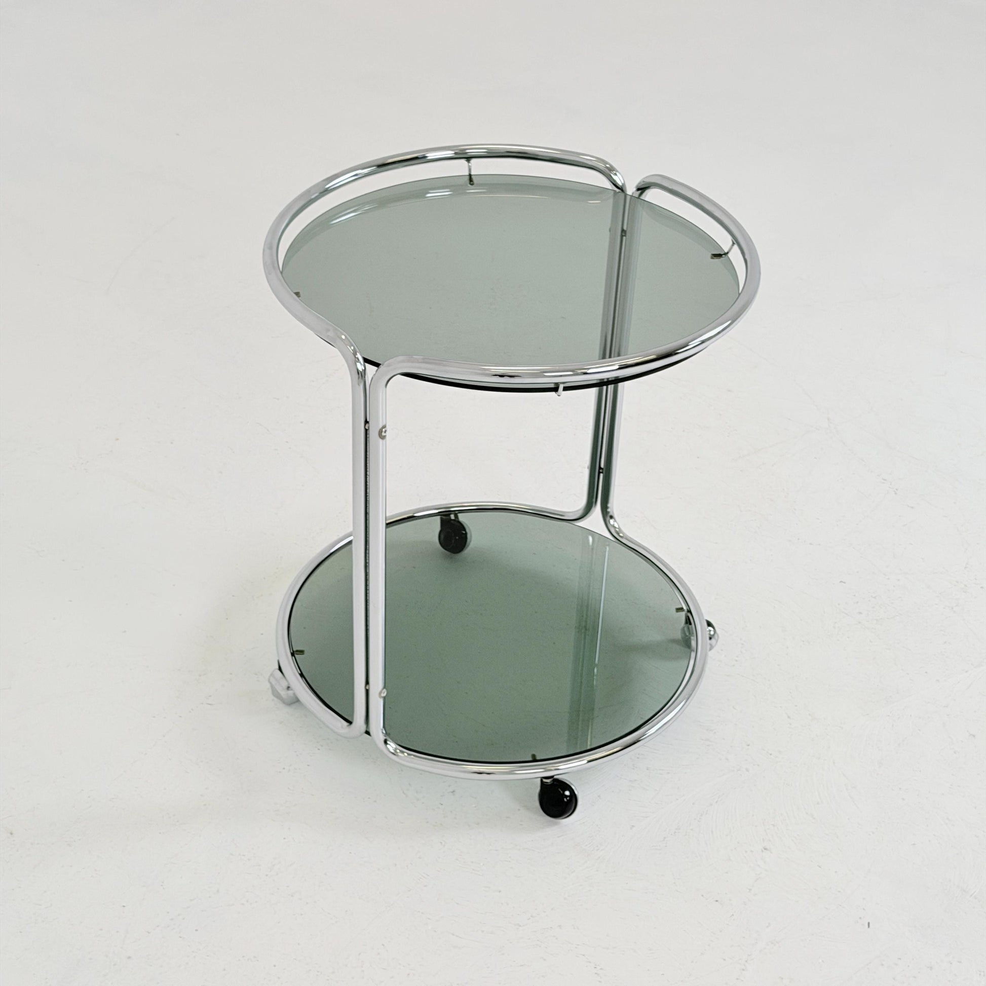 Mid century Chrome bar cart/serving trolley. Smoked glass Bauhaus Italy 1980s