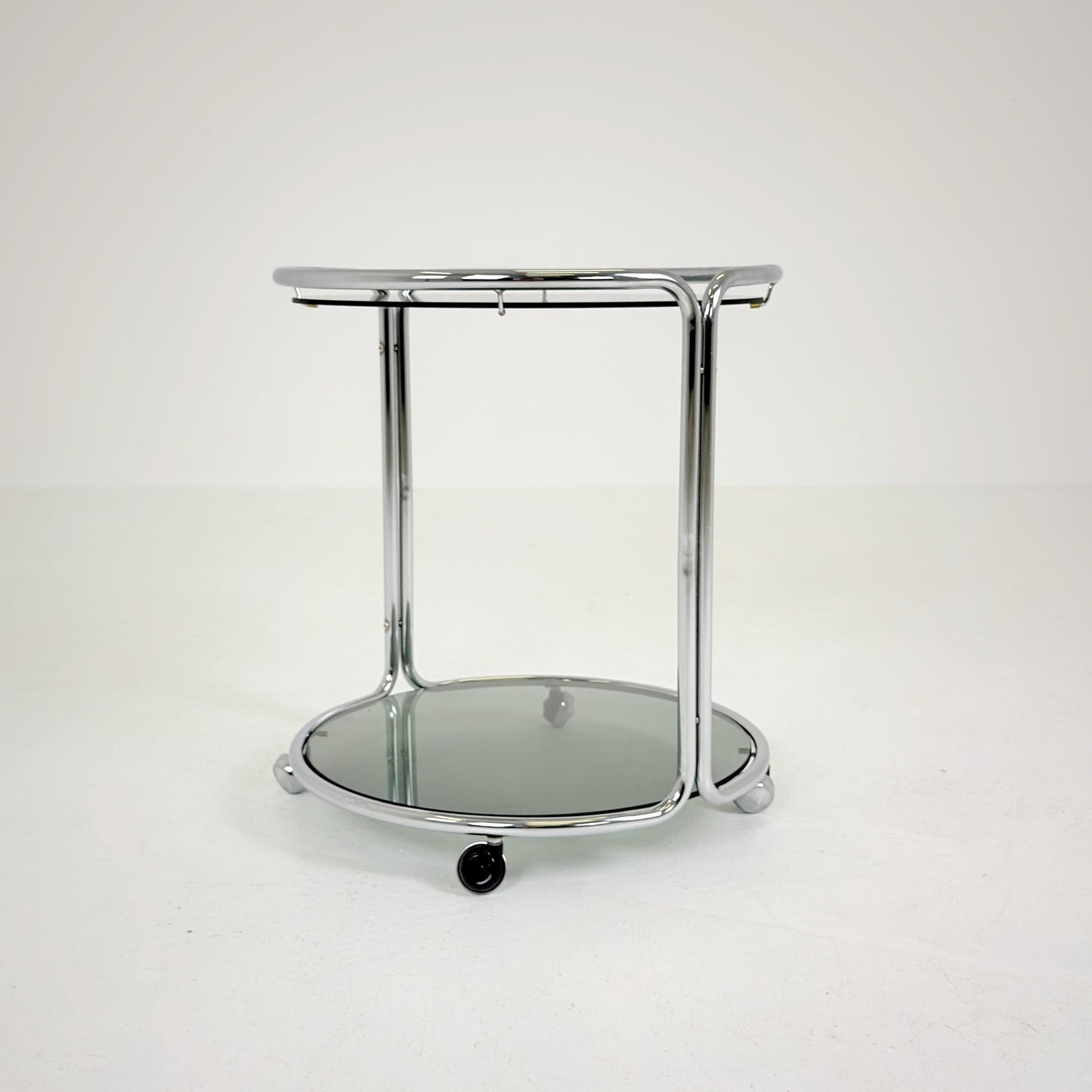 Mid century Chrome bar cart/serving trolley. Smoked glass Bauhaus Italy 1980s