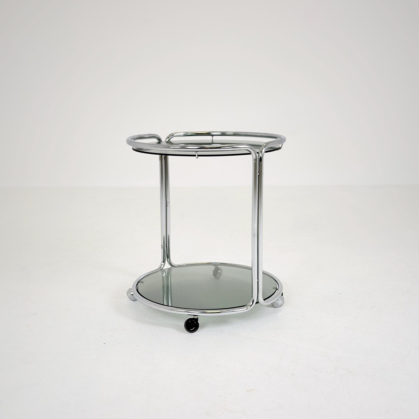 Mid century Chrome bar cart/serving trolley. Smoked glass Bauhaus Italy 1980s
