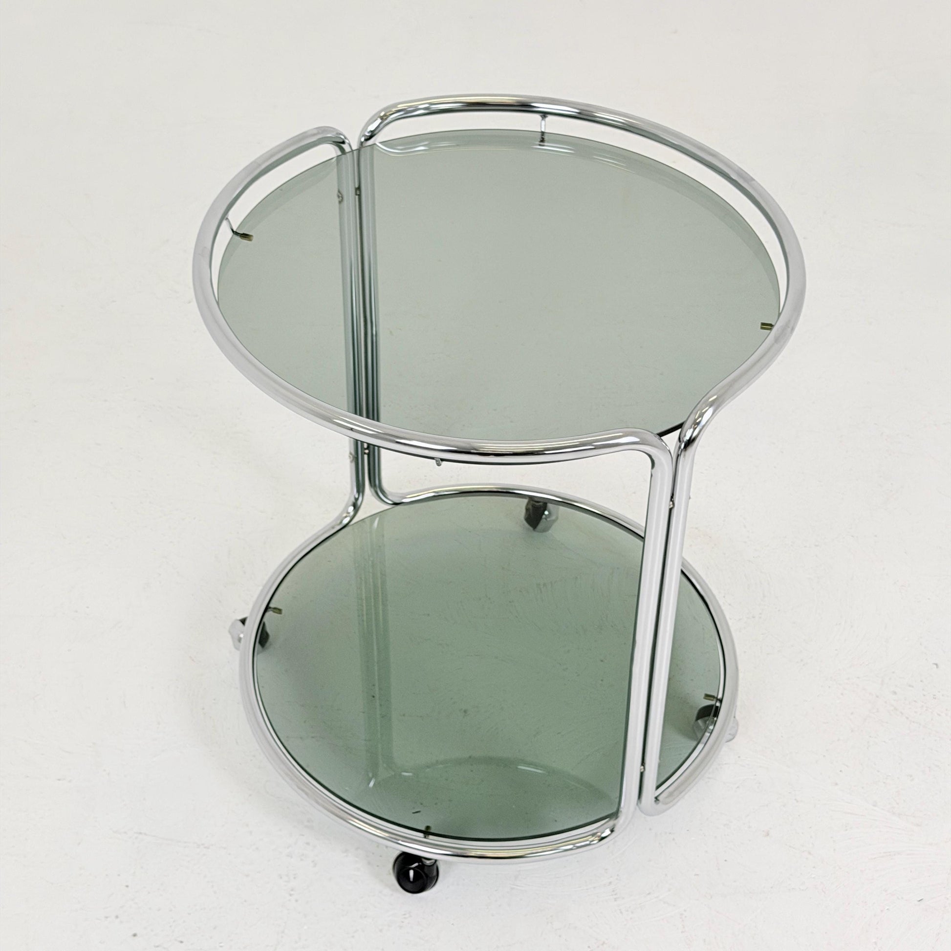 Mid century Chrome bar cart/serving trolley. Smoked glass Bauhaus Italy 1980s