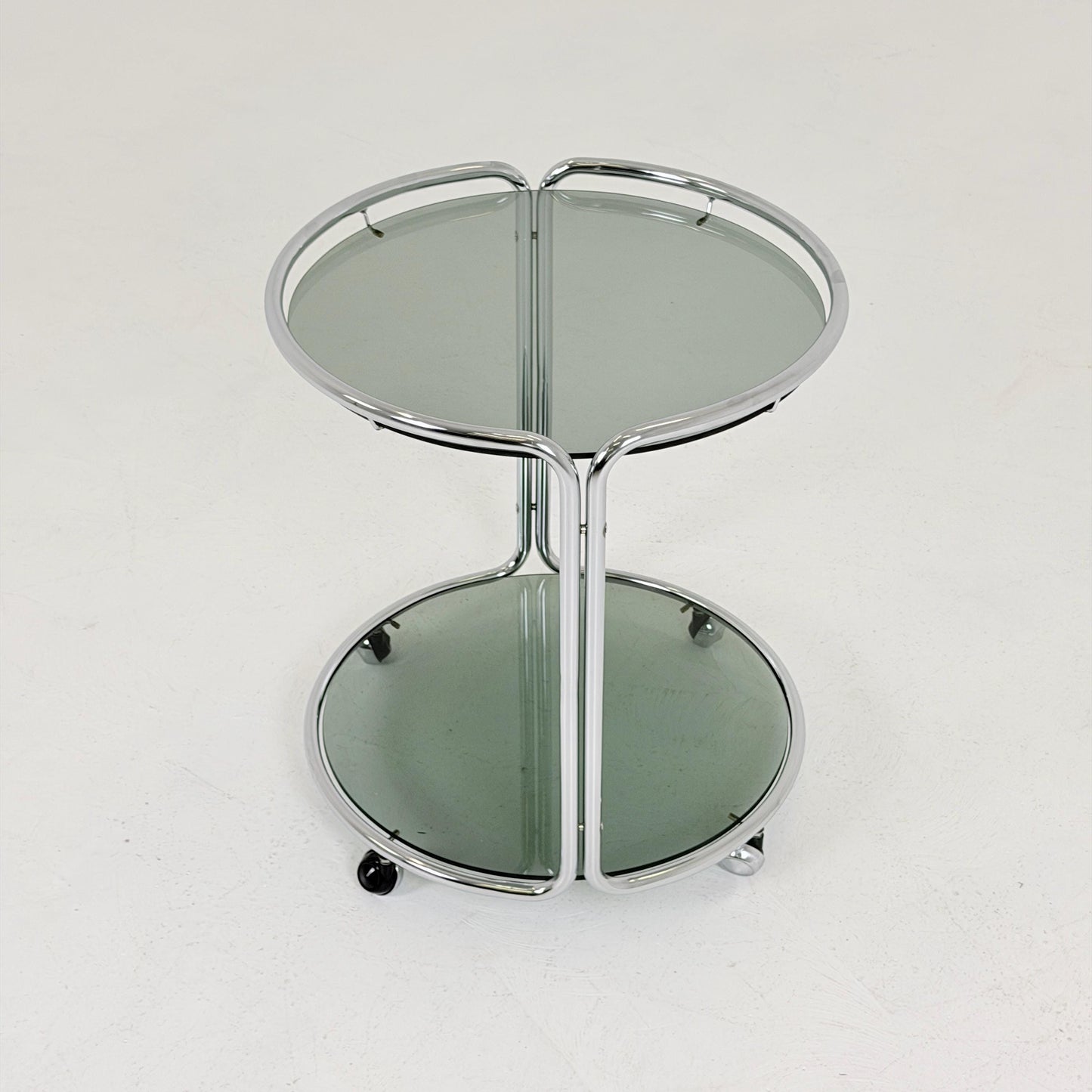 Mid century Chrome bar cart/serving trolley. Smoked glass Bauhaus Italy 1980s