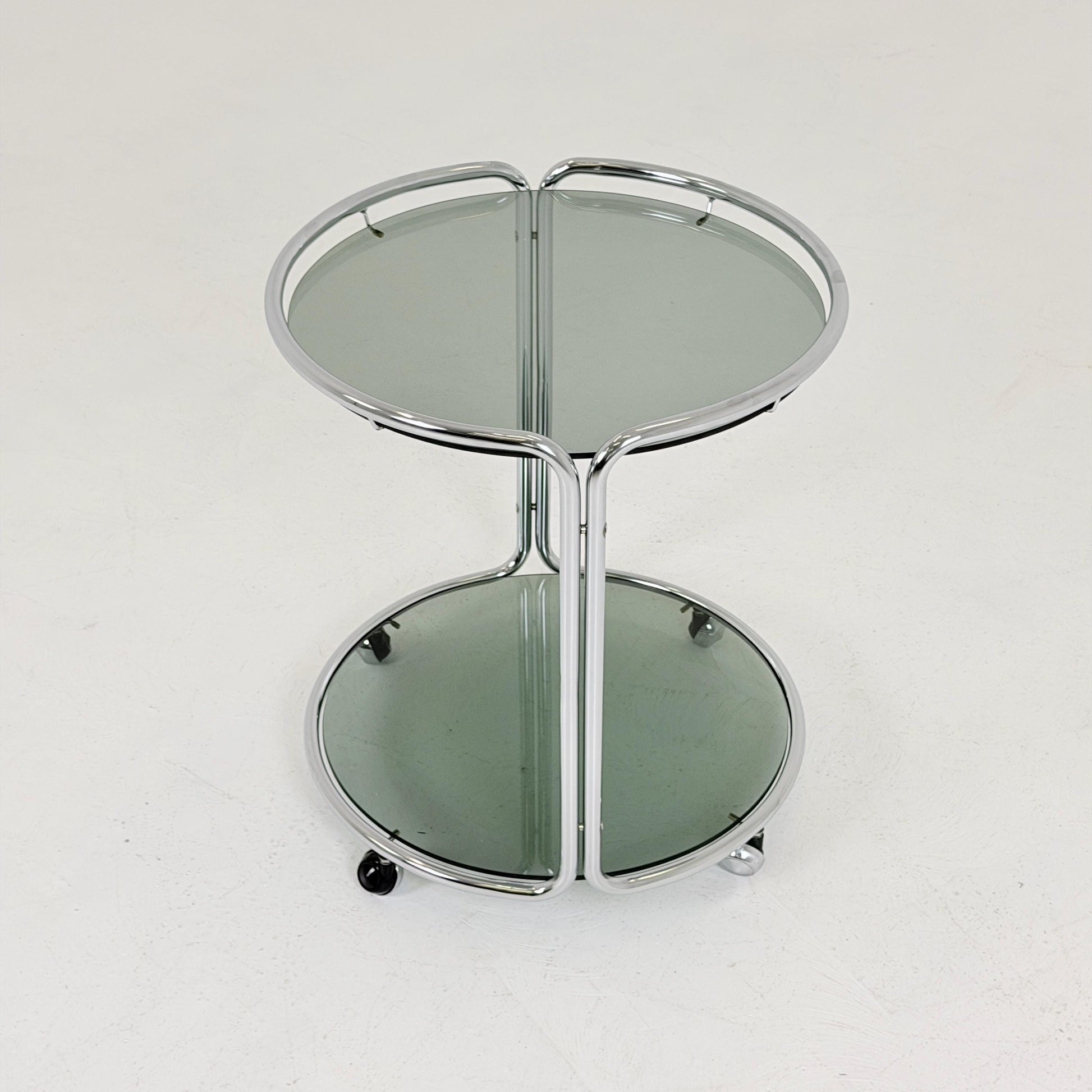 Mid century Chrome bar cart/serving trolley. Smoked glass Bauhaus Italy 1980s