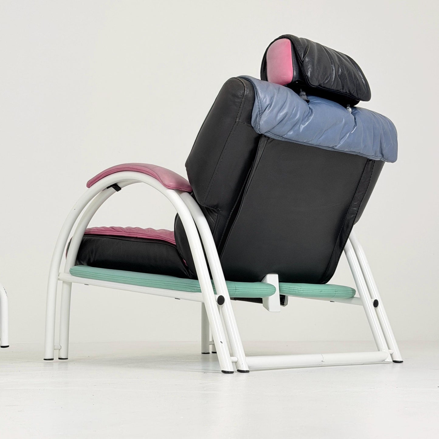 Mid Century Postmodern Memphis Style Leather Reclining Lounge Chair & Ottoman by Ettore Sottsass, Italy 1980s