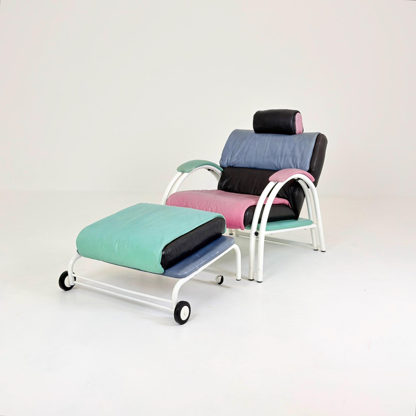 Mid Century Postmodern Memphis Style Leather Reclining Lounge Chair & Ottoman by Ettore Sottsass, Italy 1980s