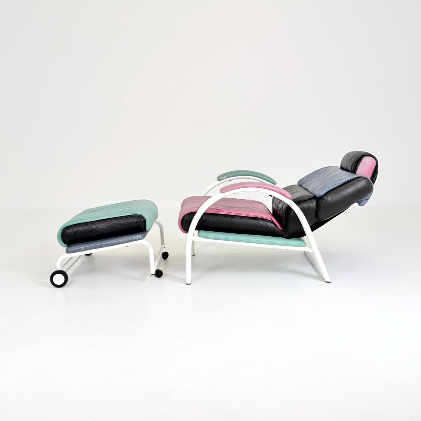 Mid Century Postmodern Memphis Style Leather Reclining Lounge Chair & Ottoman by Ettore Sottsass, Italy 1980s