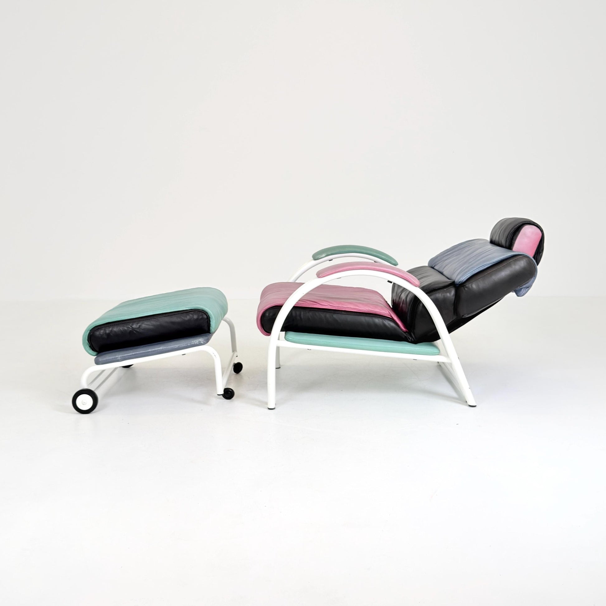 Mid Century Postmodern Memphis Style Leather Reclining Lounge Chair & Ottoman by Ettore Sottsass, Italy 1980s