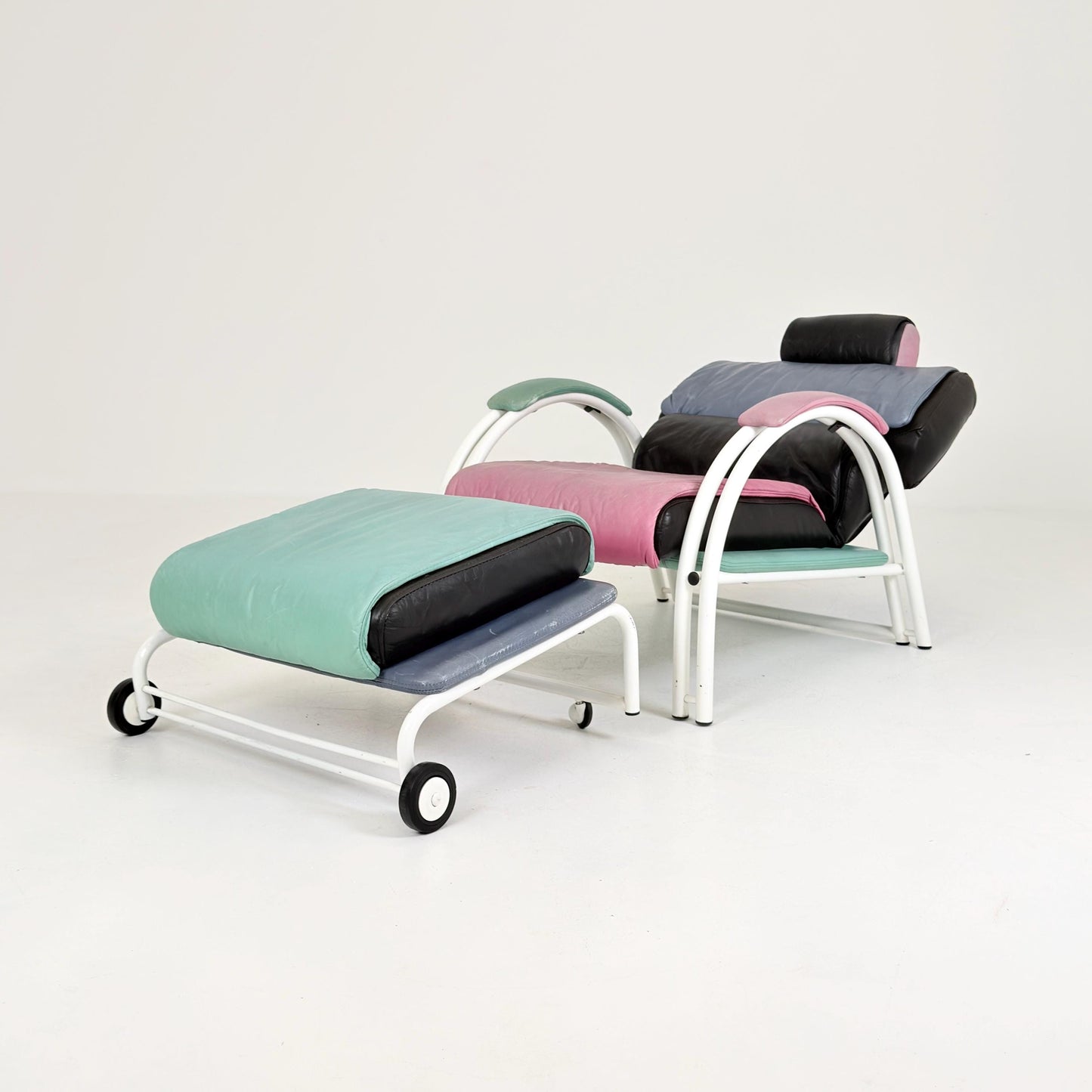 Mid Century Postmodern Memphis Style Leather Reclining Lounge Chair & Ottoman by Ettore Sottsass, Italy 1980s