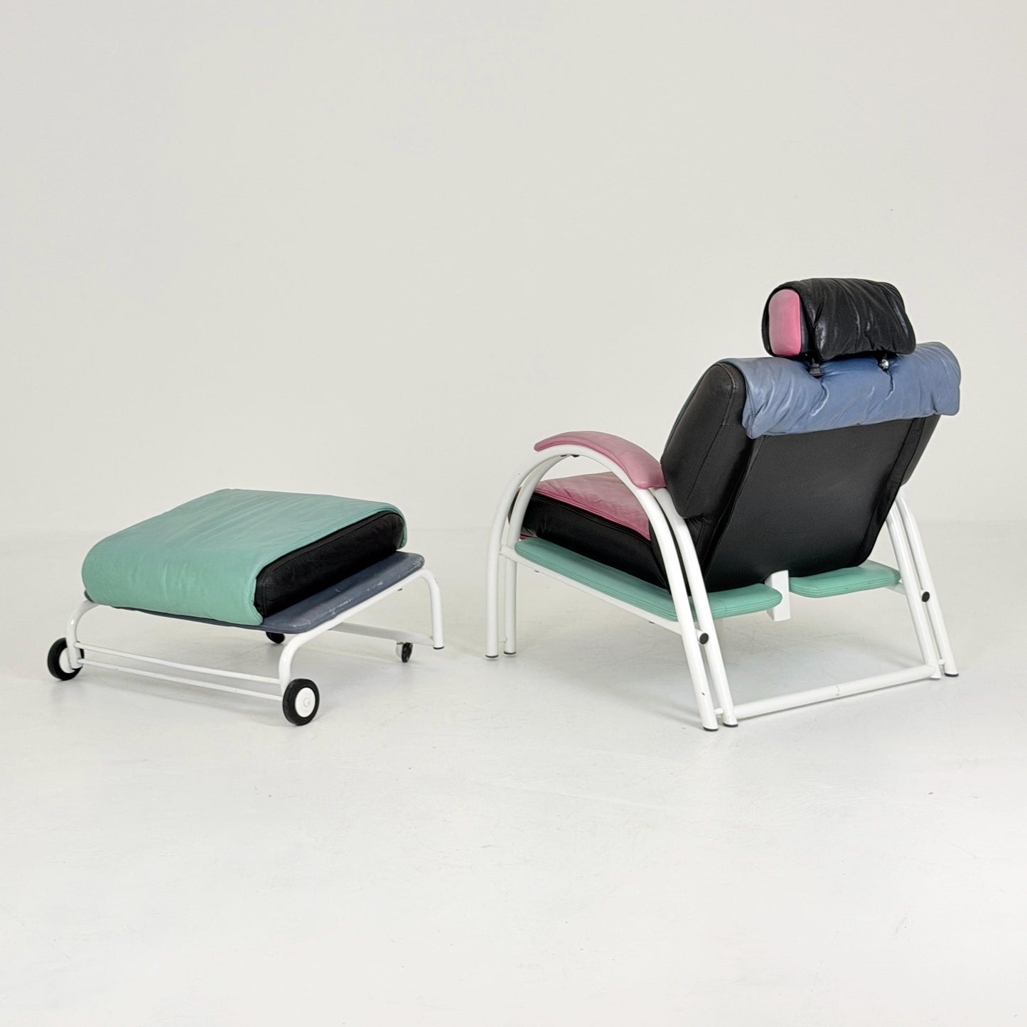 Mid Century Postmodern Memphis Style Leather Reclining Lounge Chair & Ottoman by Ettore Sottsass, Italy 1980s