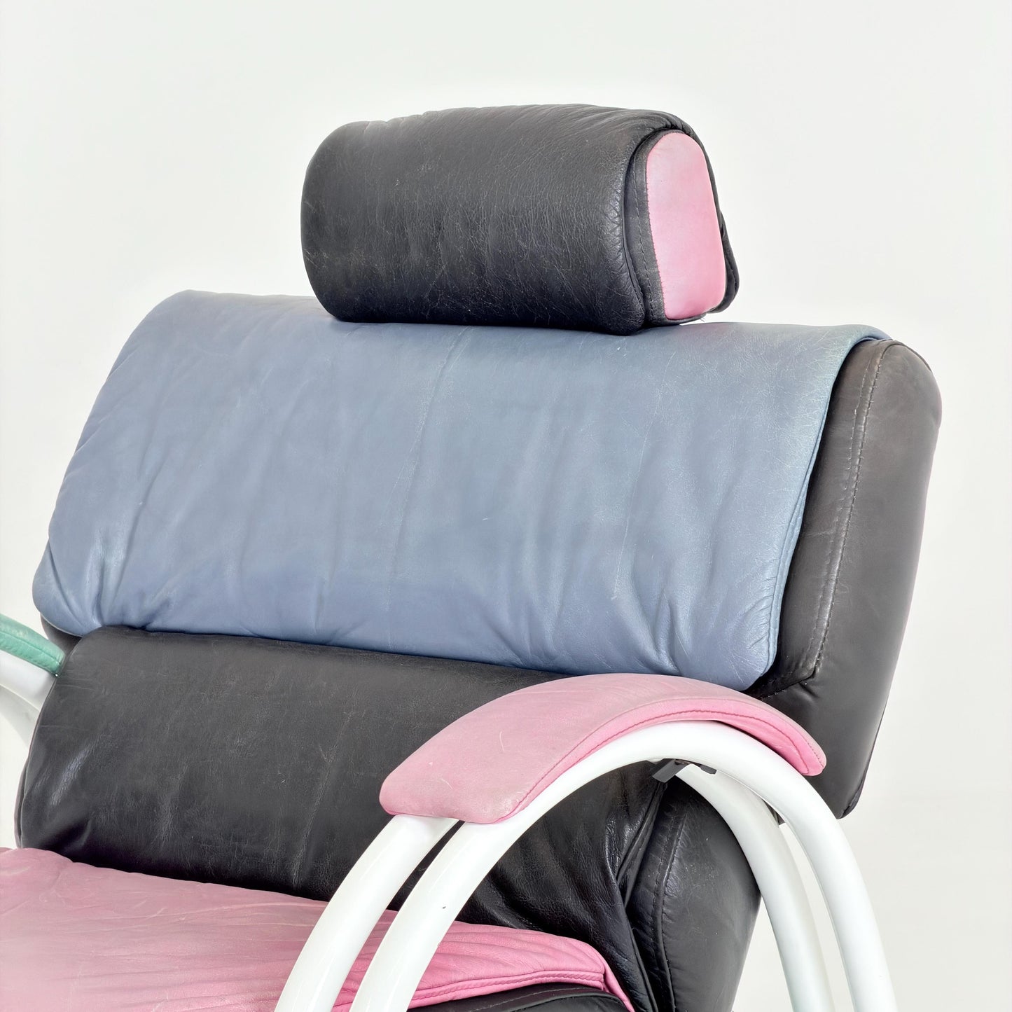 Mid Century Postmodern Memphis Style Leather Reclining Lounge Chair & Ottoman by Ettore Sottsass, Italy 1980s