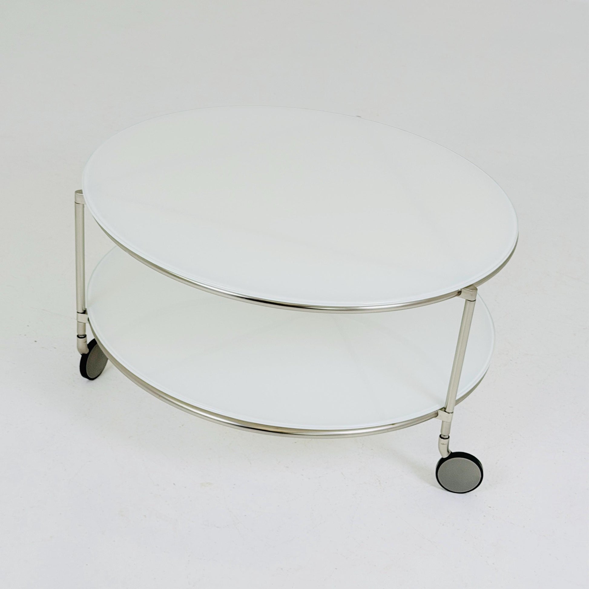 Mid century Strind Coffee Table by Ehlén Johansson – White Glass & Nickel-Plated Steel for IKEA Sweden 1990s