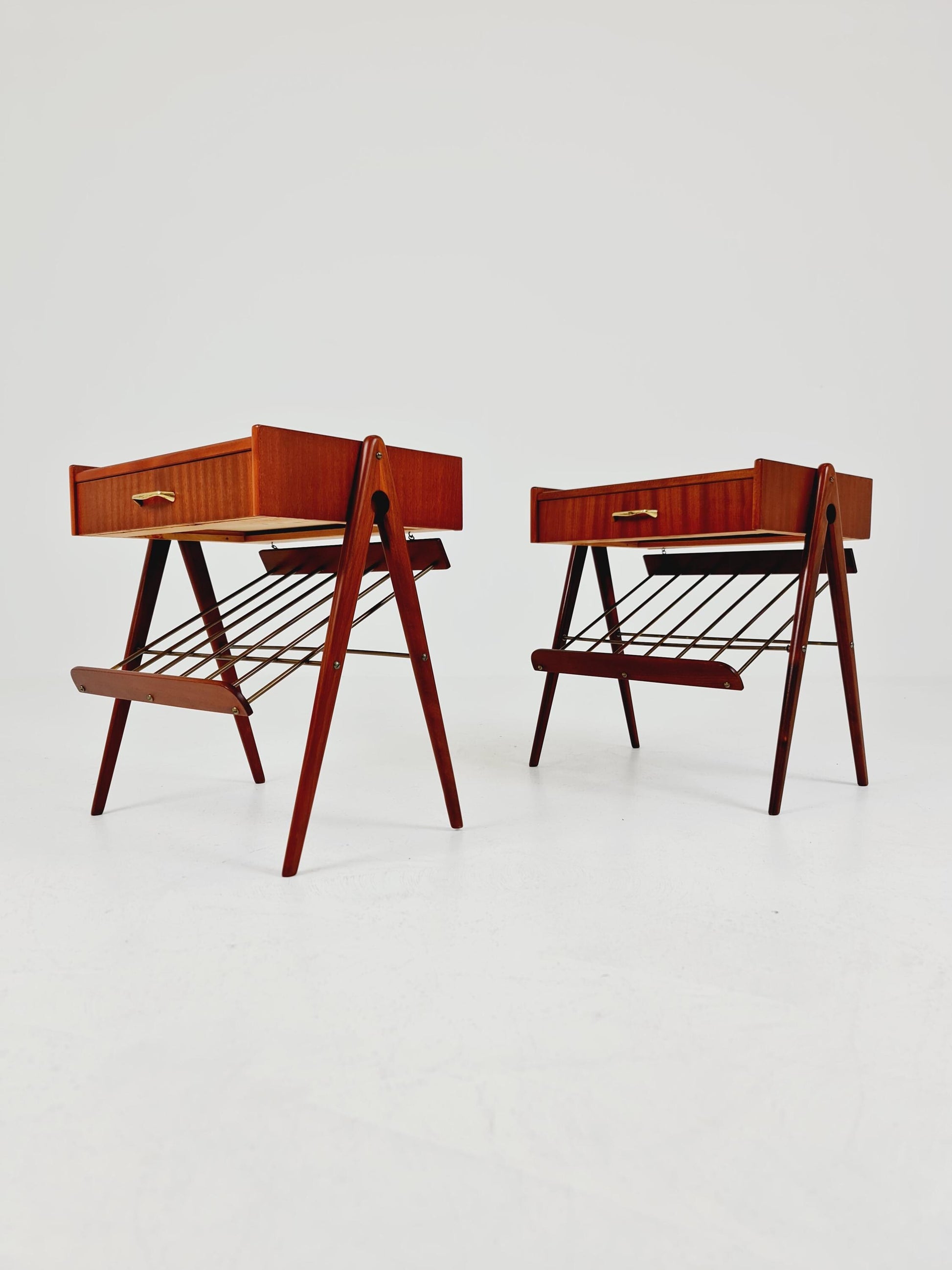 Danish MidCentury Mahogani and brass nightstands / bedside tables, 1960s
