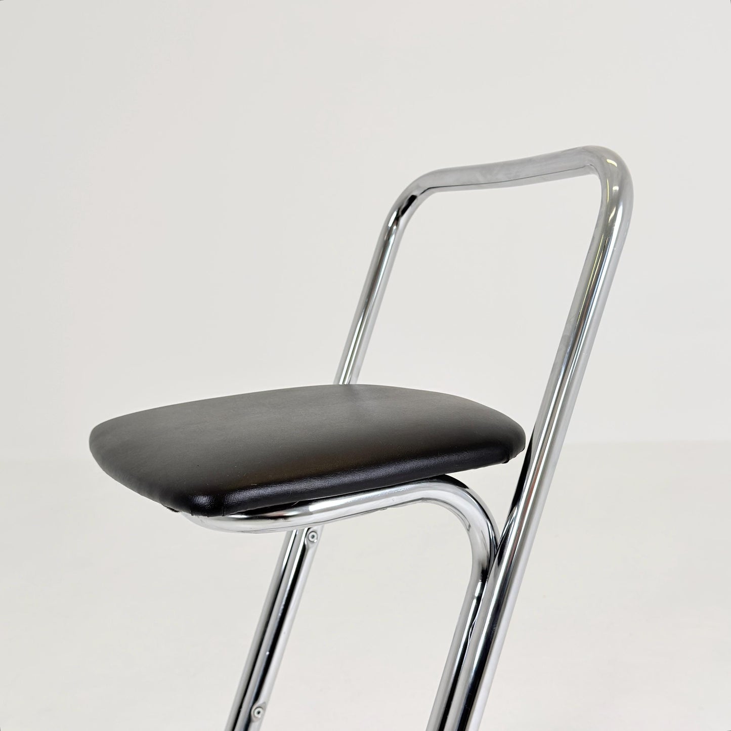 Mid-Century Italian Bar Stool | Chrome Tubular Steel & Black Faux Leather | 1980s Italy