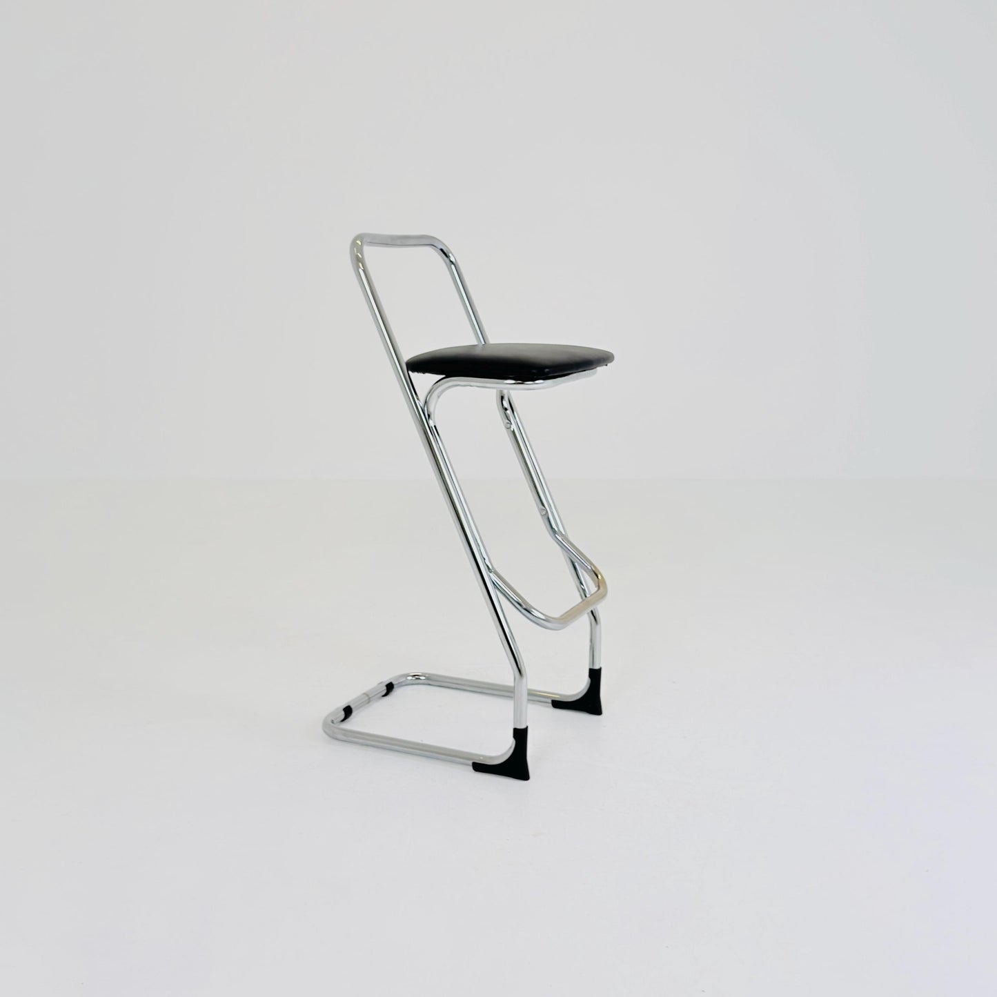 Mid-Century Italian Bar Stool | Chrome Tubular Steel & Black Faux Leather | 1980s Italy