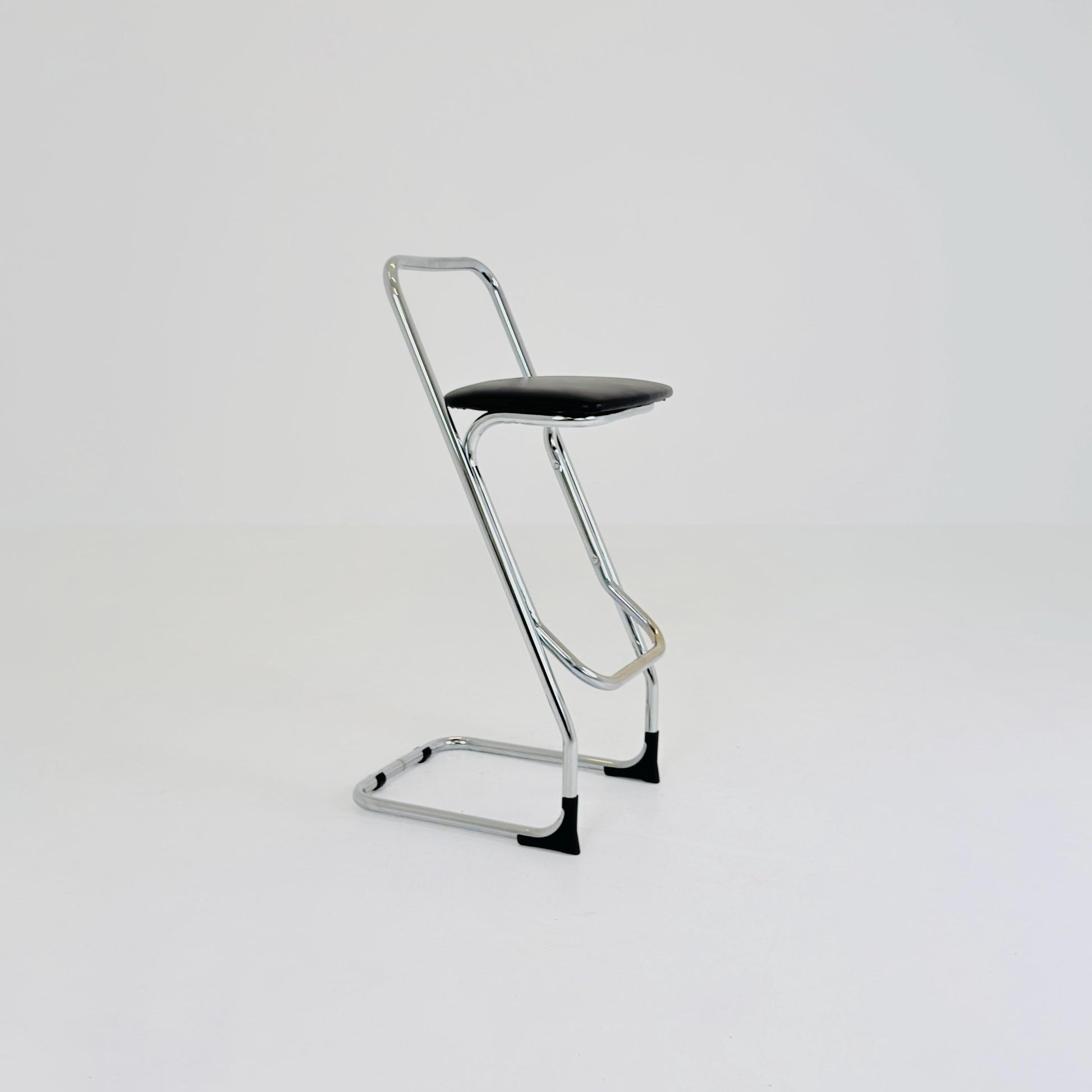 Mid-Century Italian Bar Stool | Chrome Tubular Steel & Black Faux Leather | 1980s Italy