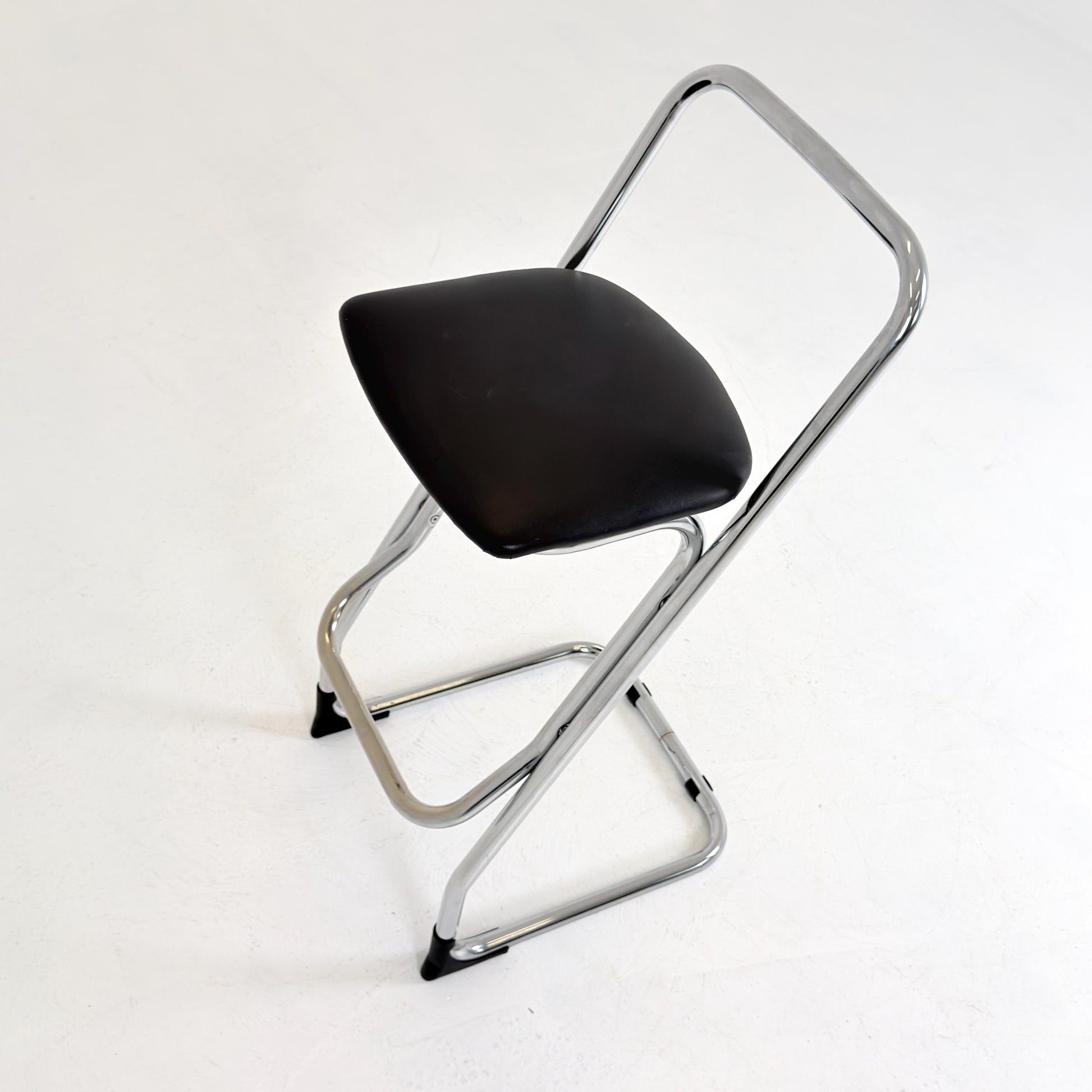 Mid-Century Italian Bar Stool | Chrome Tubular Steel & Black Faux Leather | 1980s Italy
