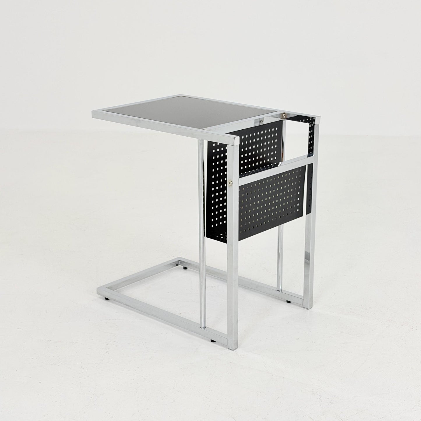 Mid-Century Style Italian Side Table & Magazine Rack | Chrome Black Glass | Italy