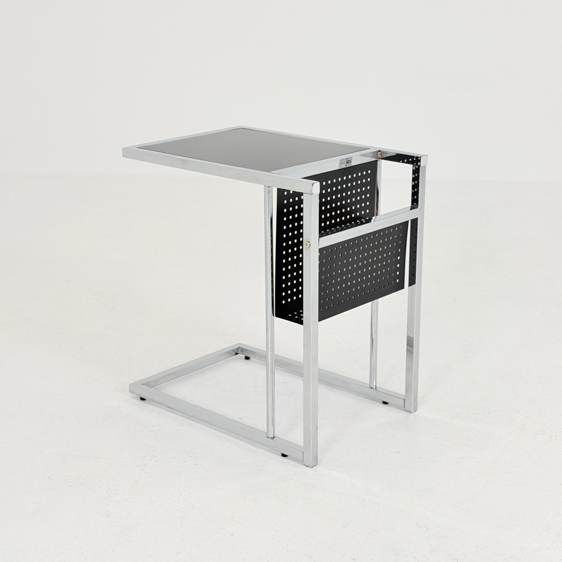 Mid-Century Style Italian Side Table & Magazine Rack | Chrome Black Glass | Italy