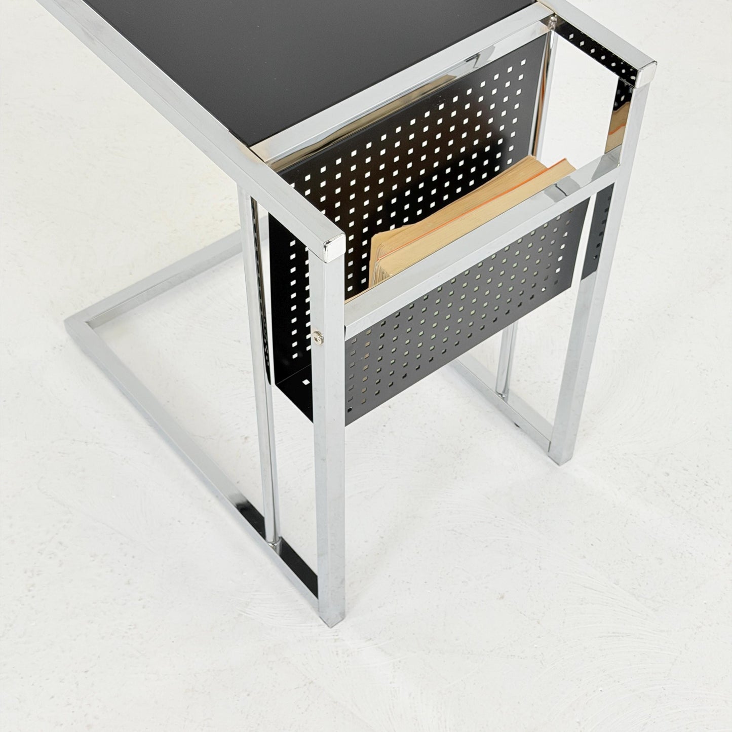 Mid-Century Style Italian Side Table & Magazine Rack | Chrome Black Glass | Italy