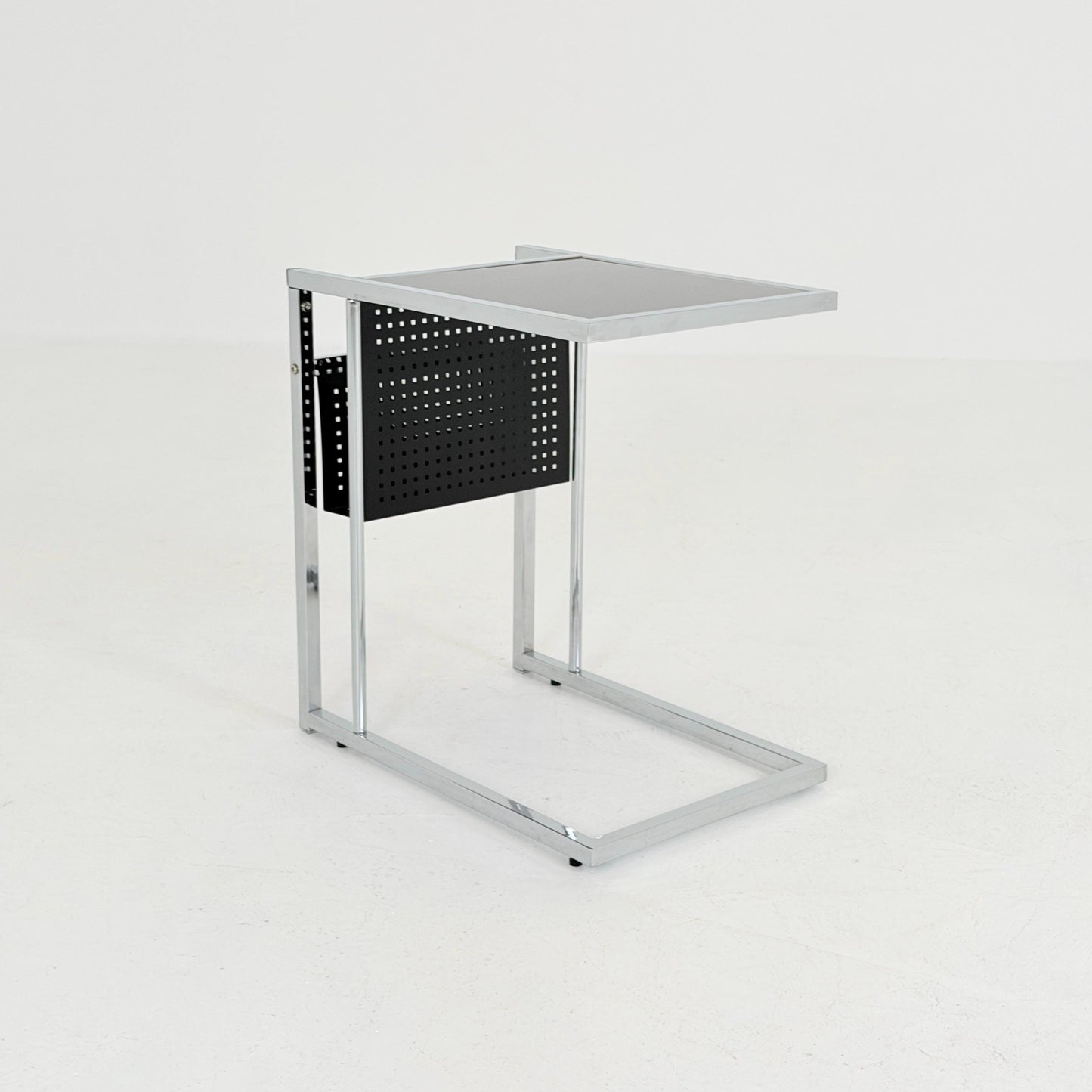 Mid-Century Style Italian Side Table & Magazine Rack | Chrome Black Glass | Italy