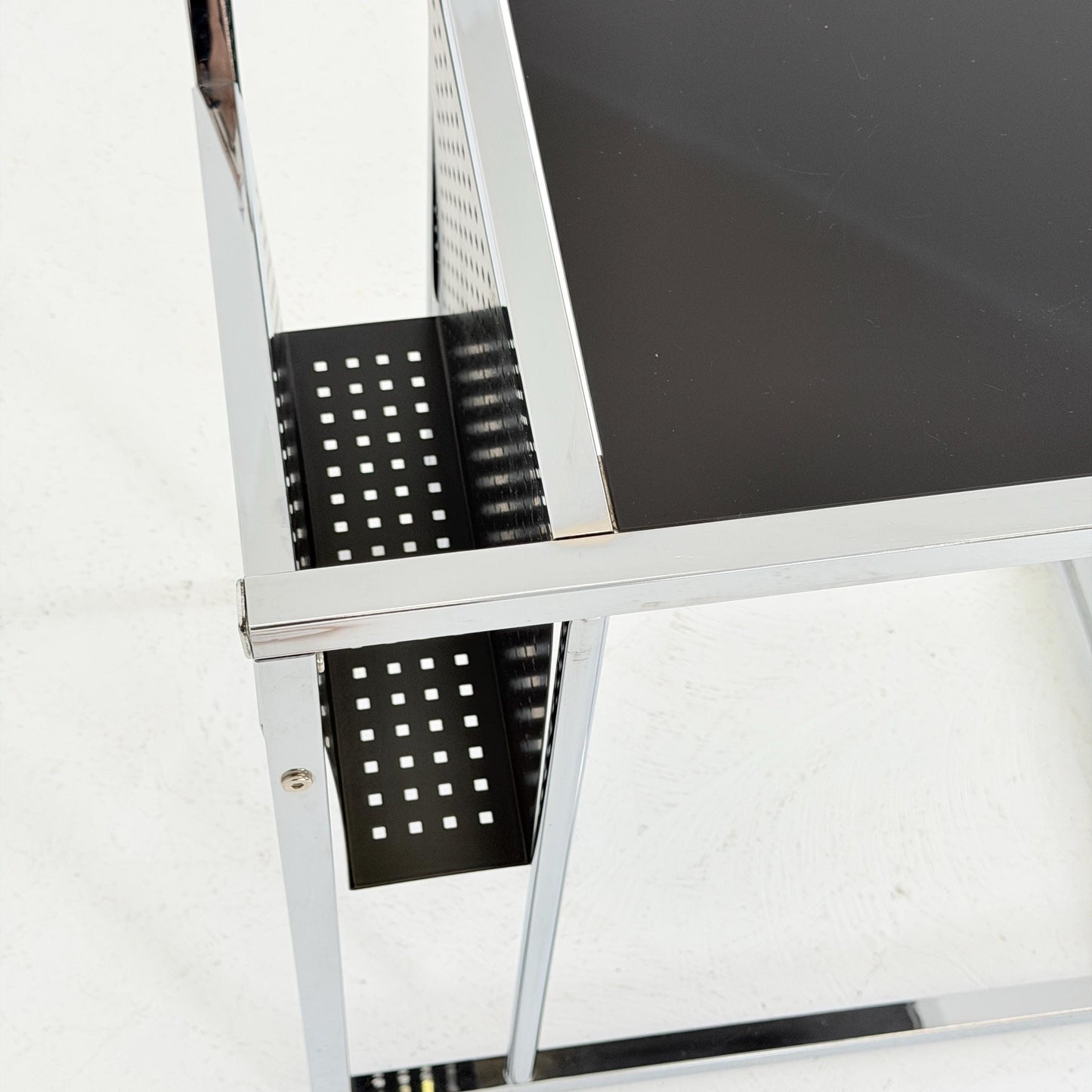 Mid-Century Style Italian Side Table & Magazine Rack | Chrome Black Glass | Italy
