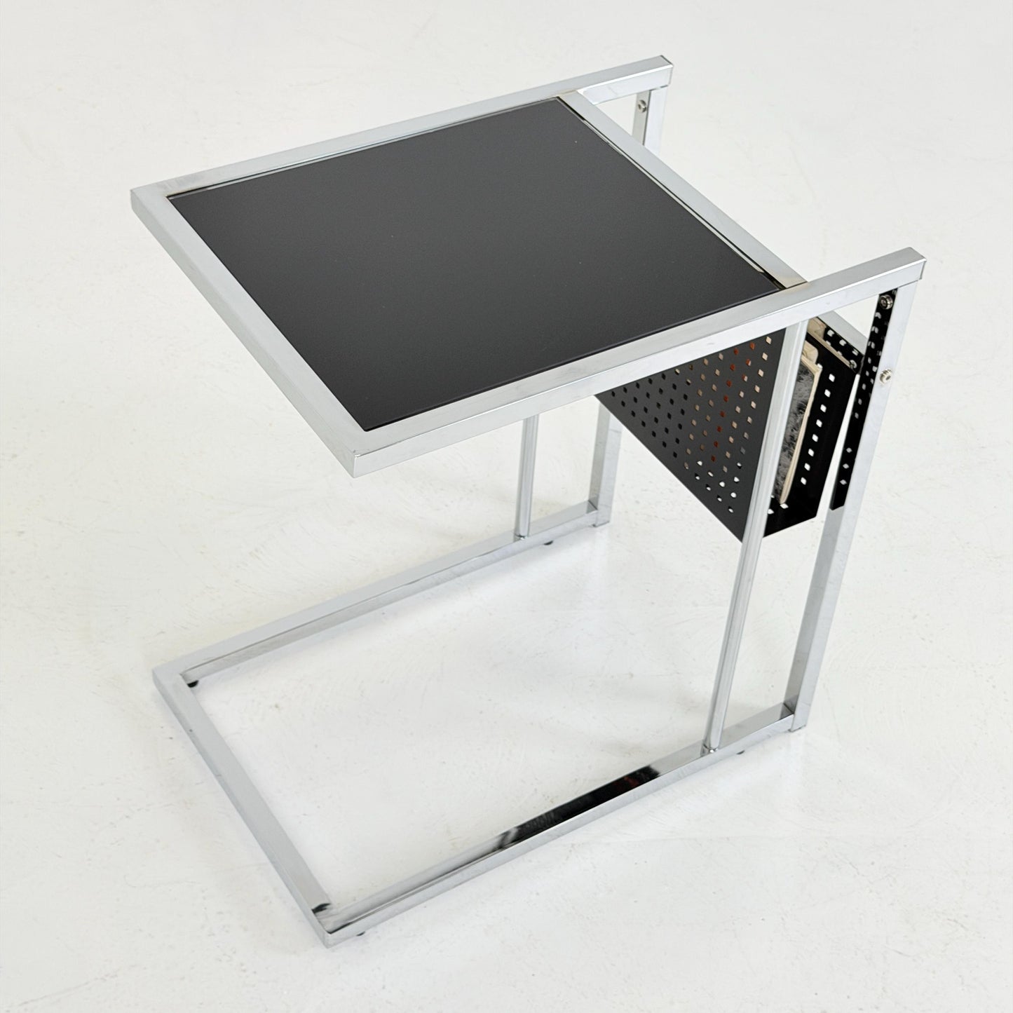 Mid-Century Style Italian Side Table & Magazine Rack | Chrome Black Glass | Italy