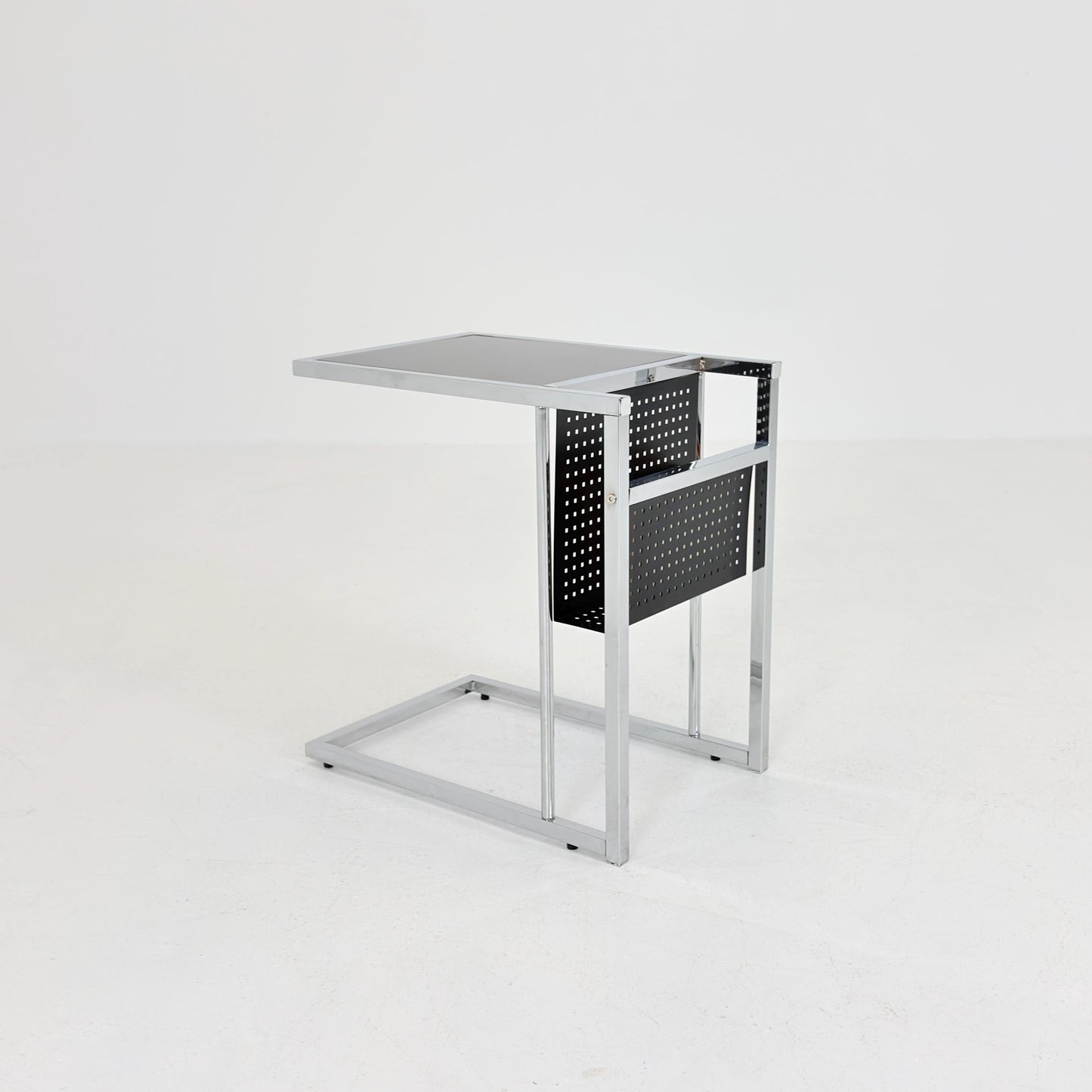 Mid-Century Style Italian Side Table & Magazine Rack | Chrome Black Glass | Italy