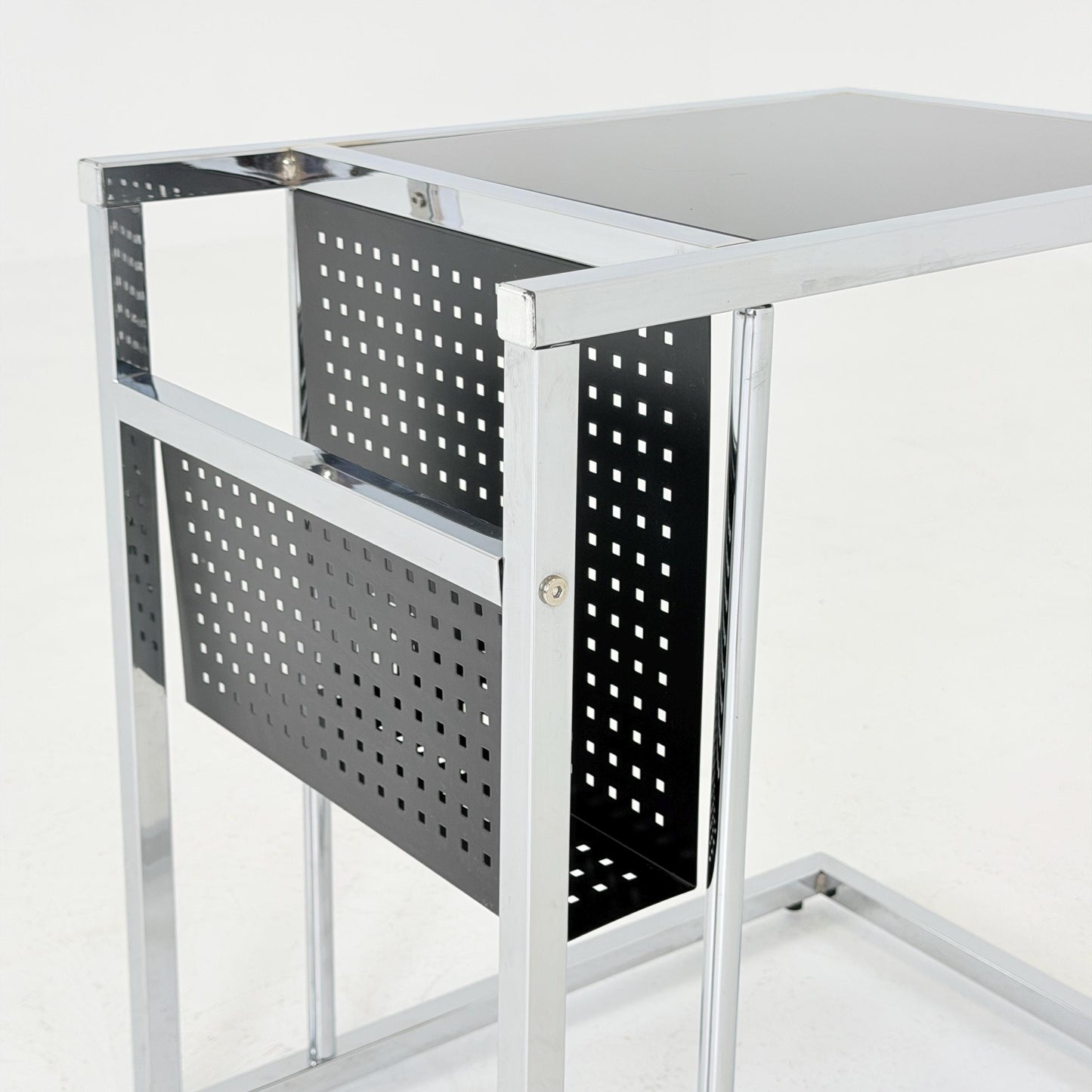 Mid-Century Style Italian Side Table & Magazine Rack | Chrome Black Glass | Italy