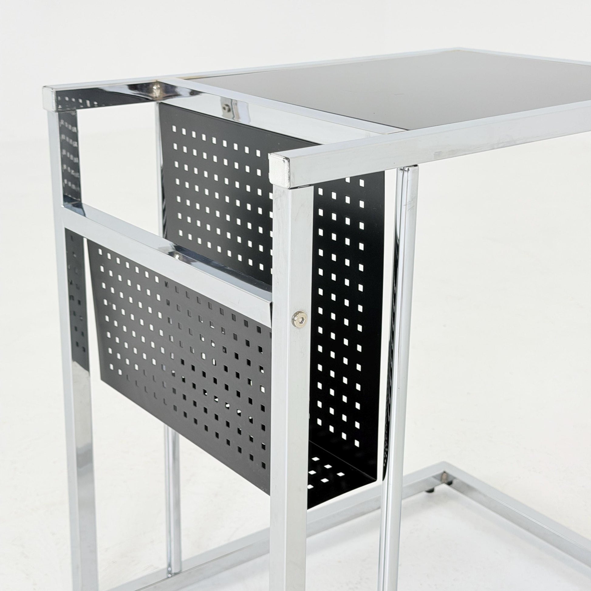 Mid-Century Style Italian Side Table & Magazine Rack | Chrome Black Glass | Italy