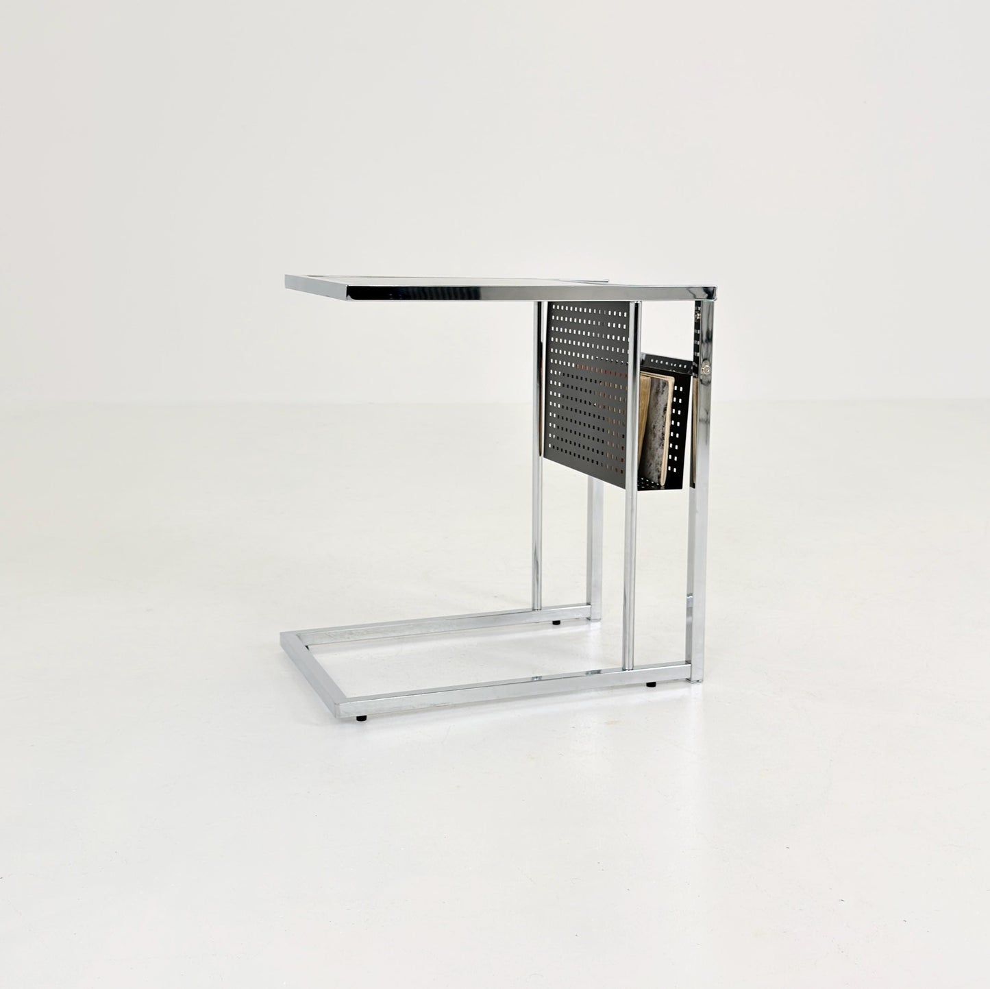 Mid-Century Style Italian Side Table & Magazine Rack | Chrome Black Glass | Italy