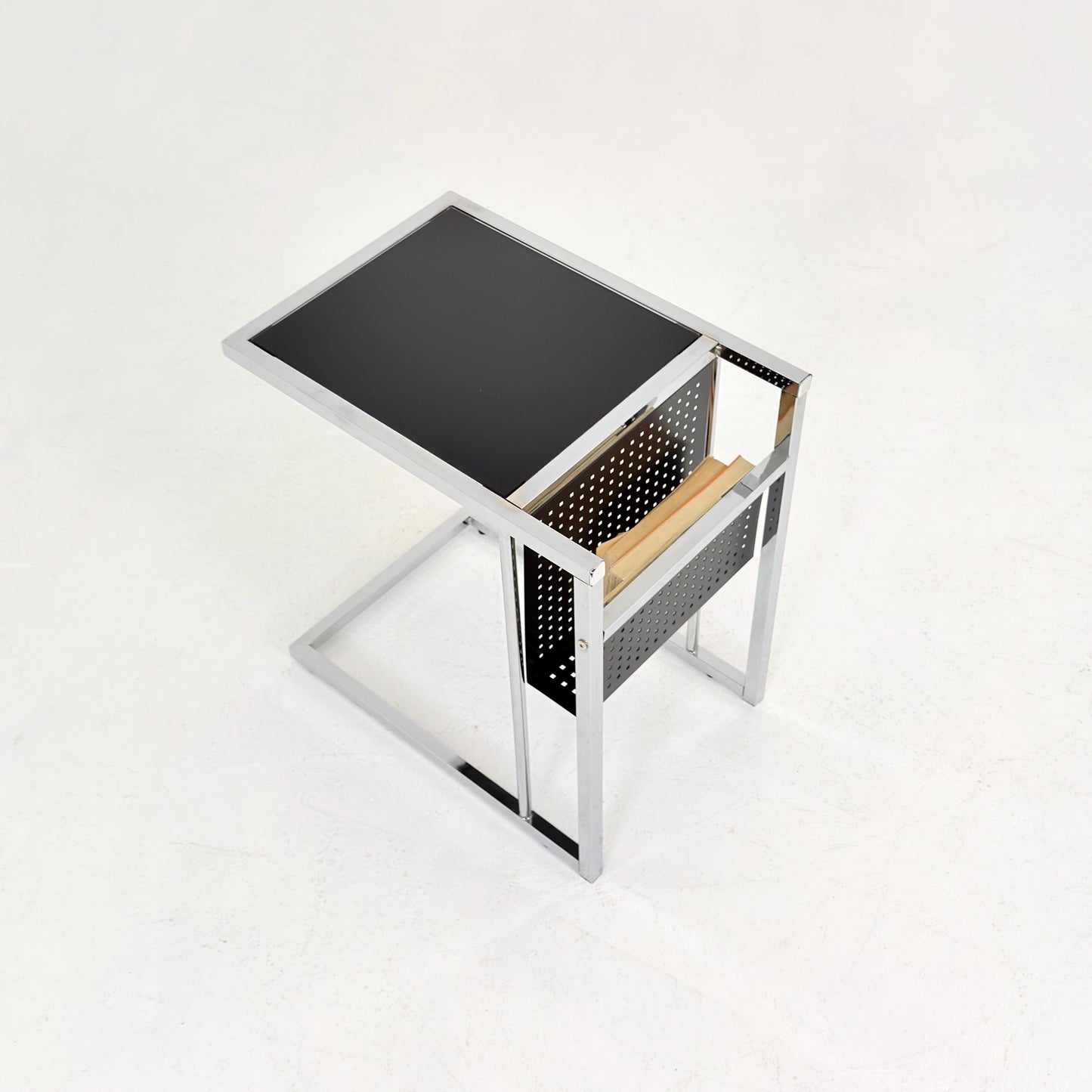 Mid-Century Style Italian Side Table & Magazine Rack | Chrome Black Glass | Italy