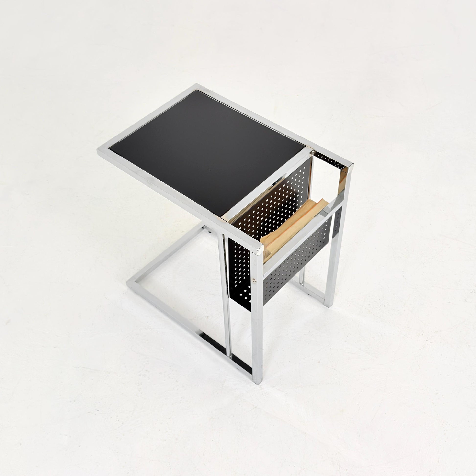 Mid-Century Style Italian Side Table & Magazine Rack | Chrome Black Glass | Italy